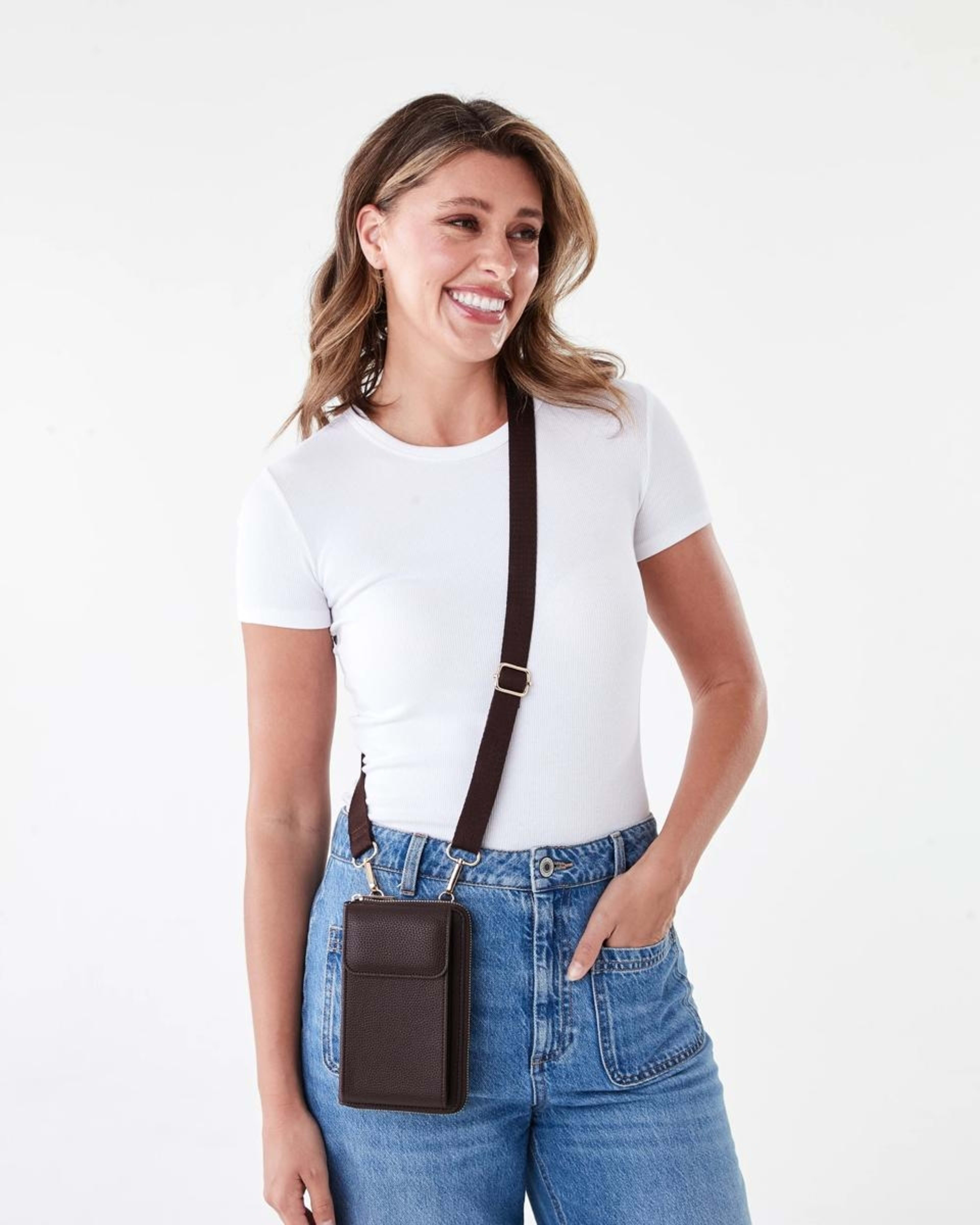 6 Sim Fabric Strap Phone Wallet Choc Plum, 6 of 6