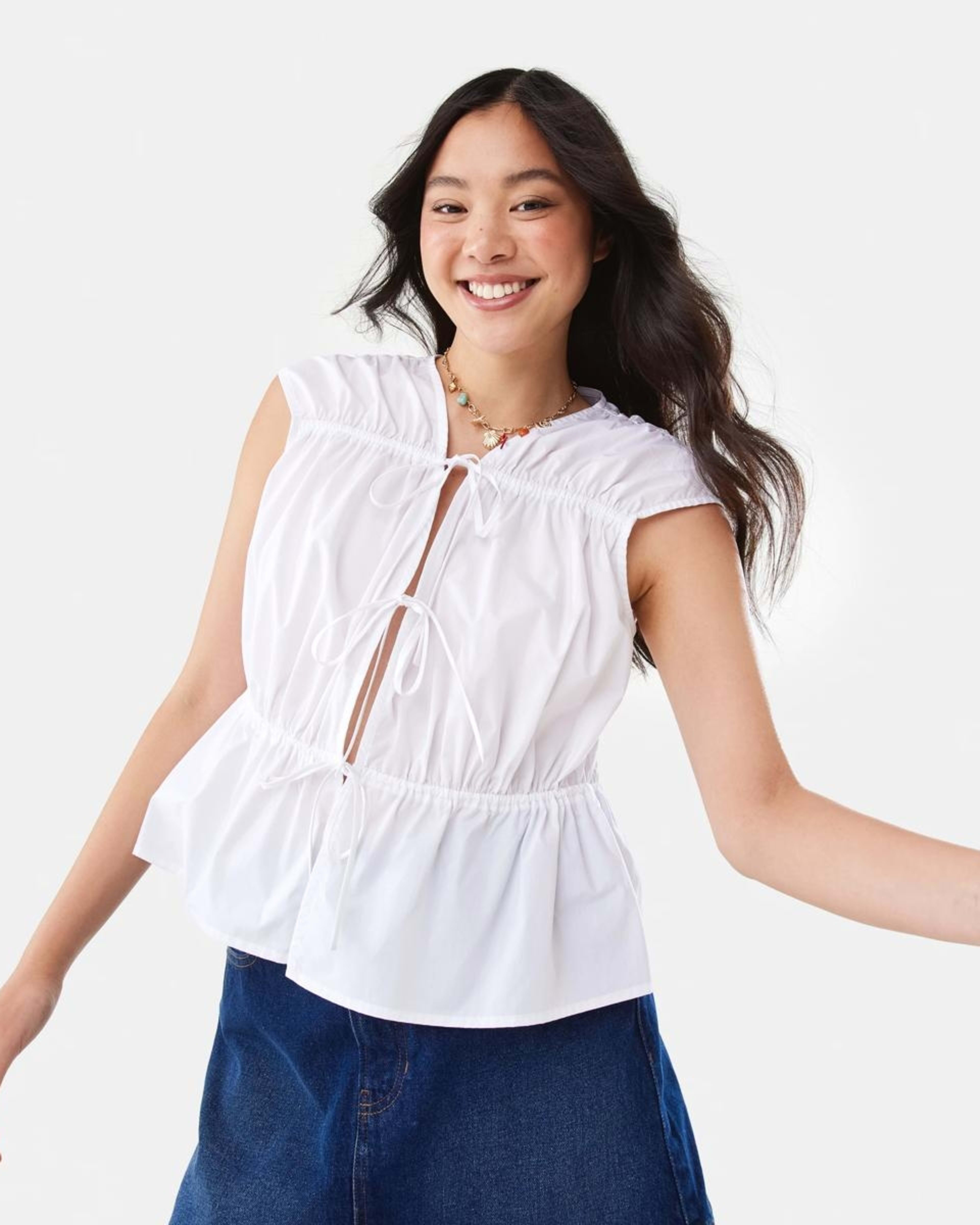 1 Sleeveless Poplin Gathered Tie Top WHITE