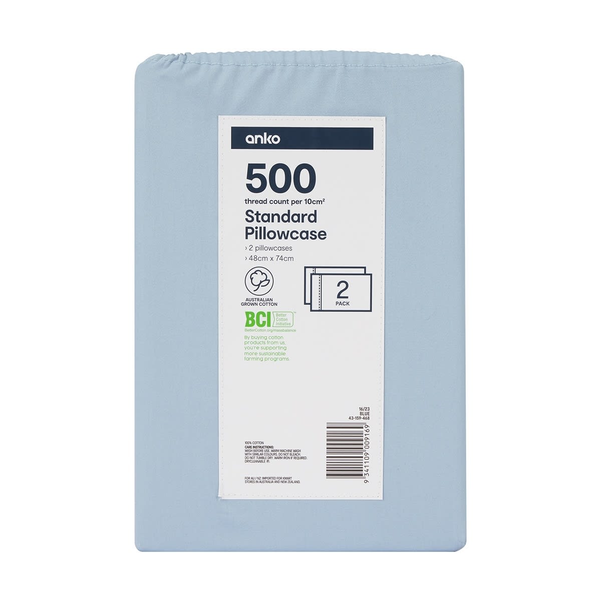 2 Pack 500 Thread Count Australian Grown Cotton Standard Pillowcases Blue Kmart NZ