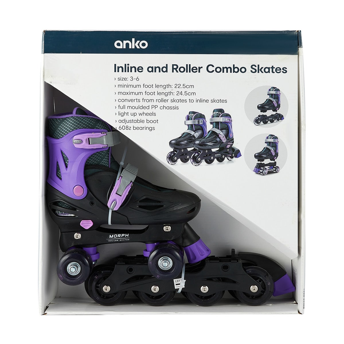 Inline and Roller Combo Skates Black and Purple, Size 3 to 6 Kmart