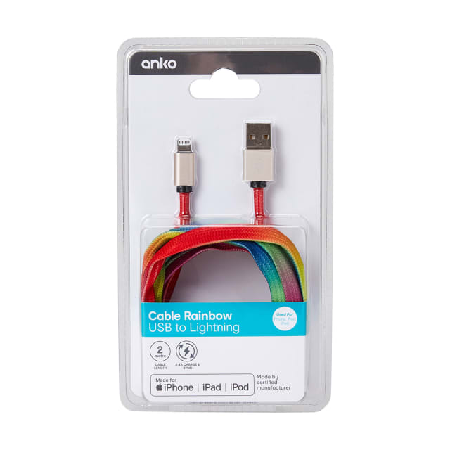 Lightning Cable 2m Rainbow Rope Kmart