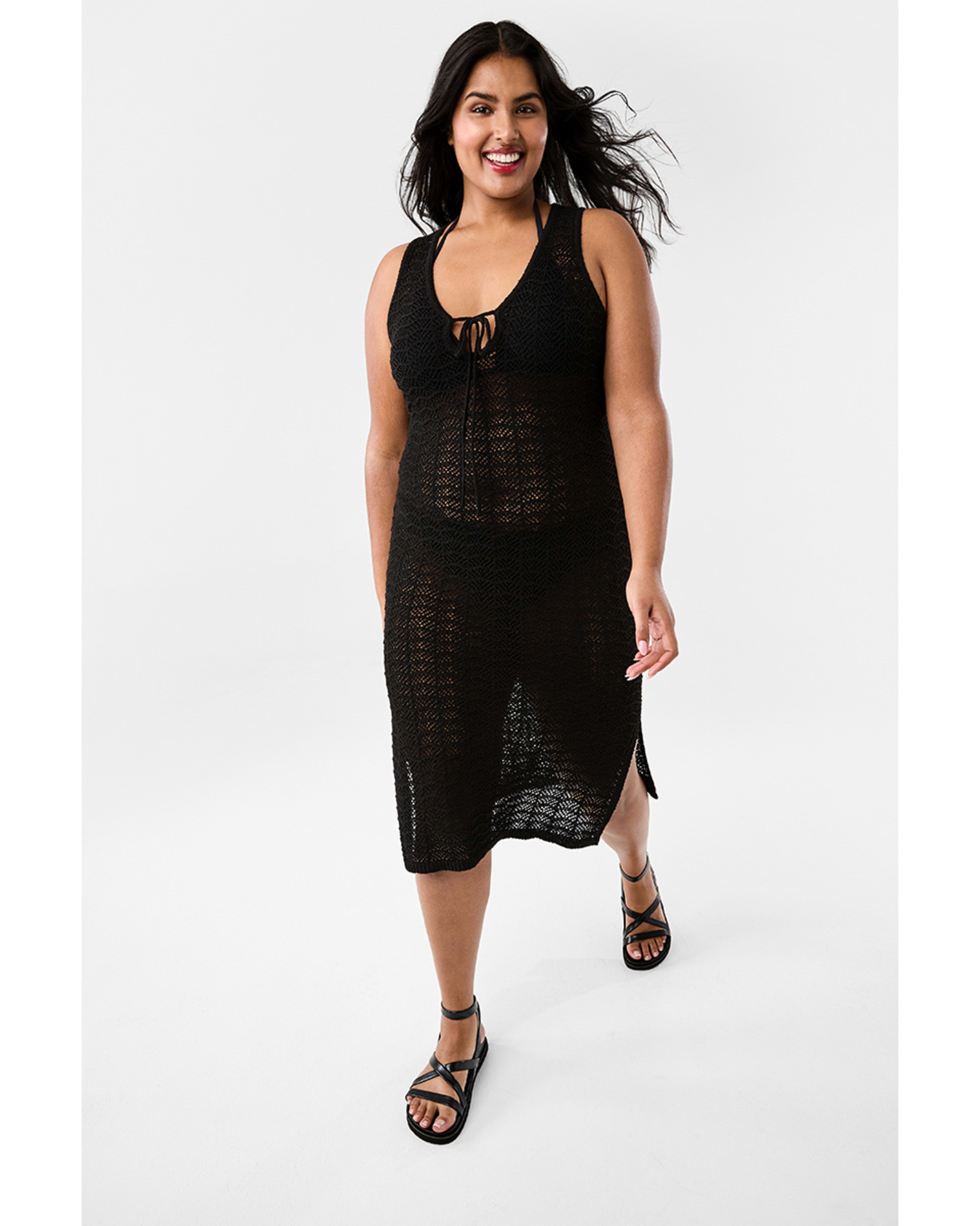 9 Sleeveless Wave Crochet Midi Dress Black, 9 of 10