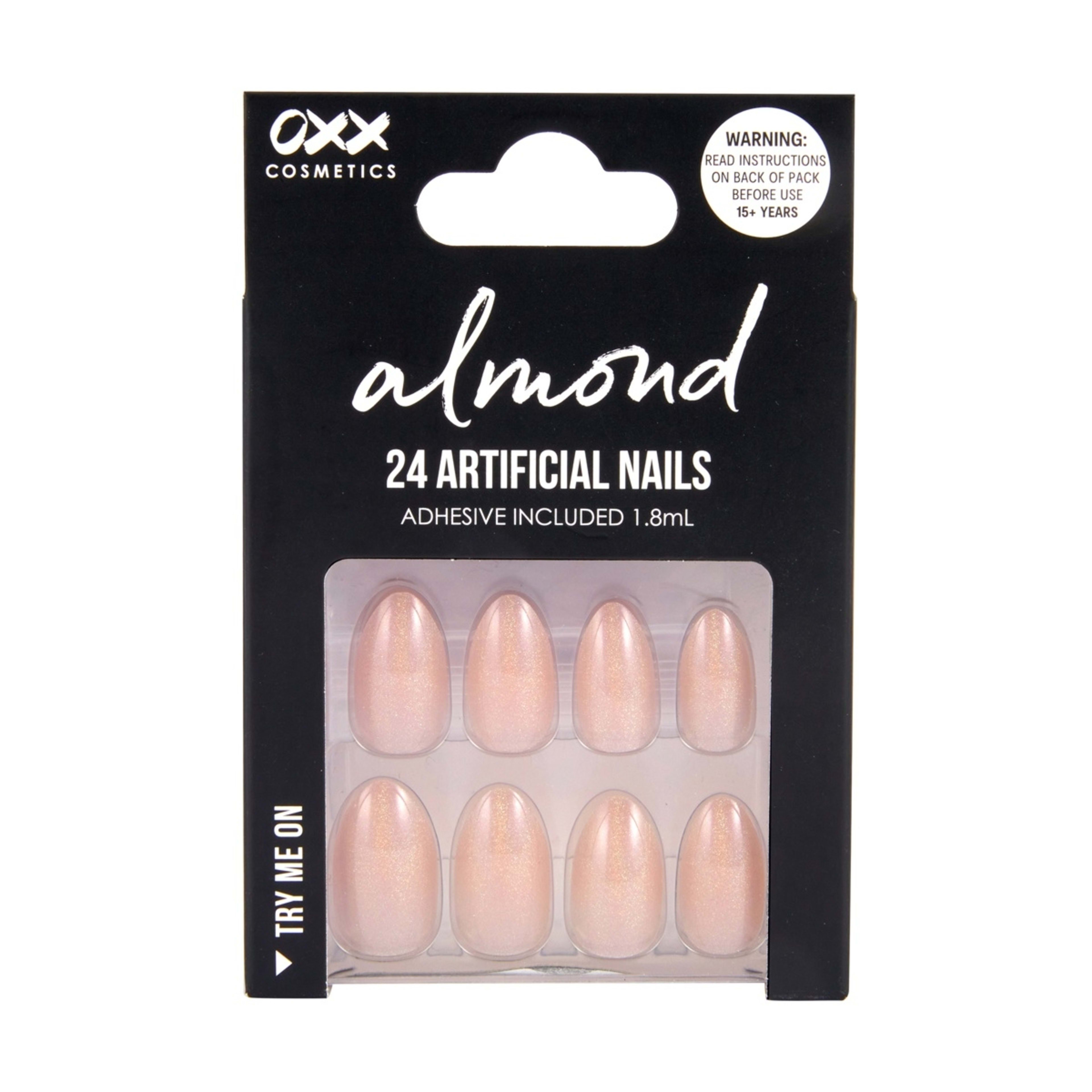 1 OXX Cosmetics 24 Pack Artificial Nails with Adhesive - Almond Shape, Pearl Glazed