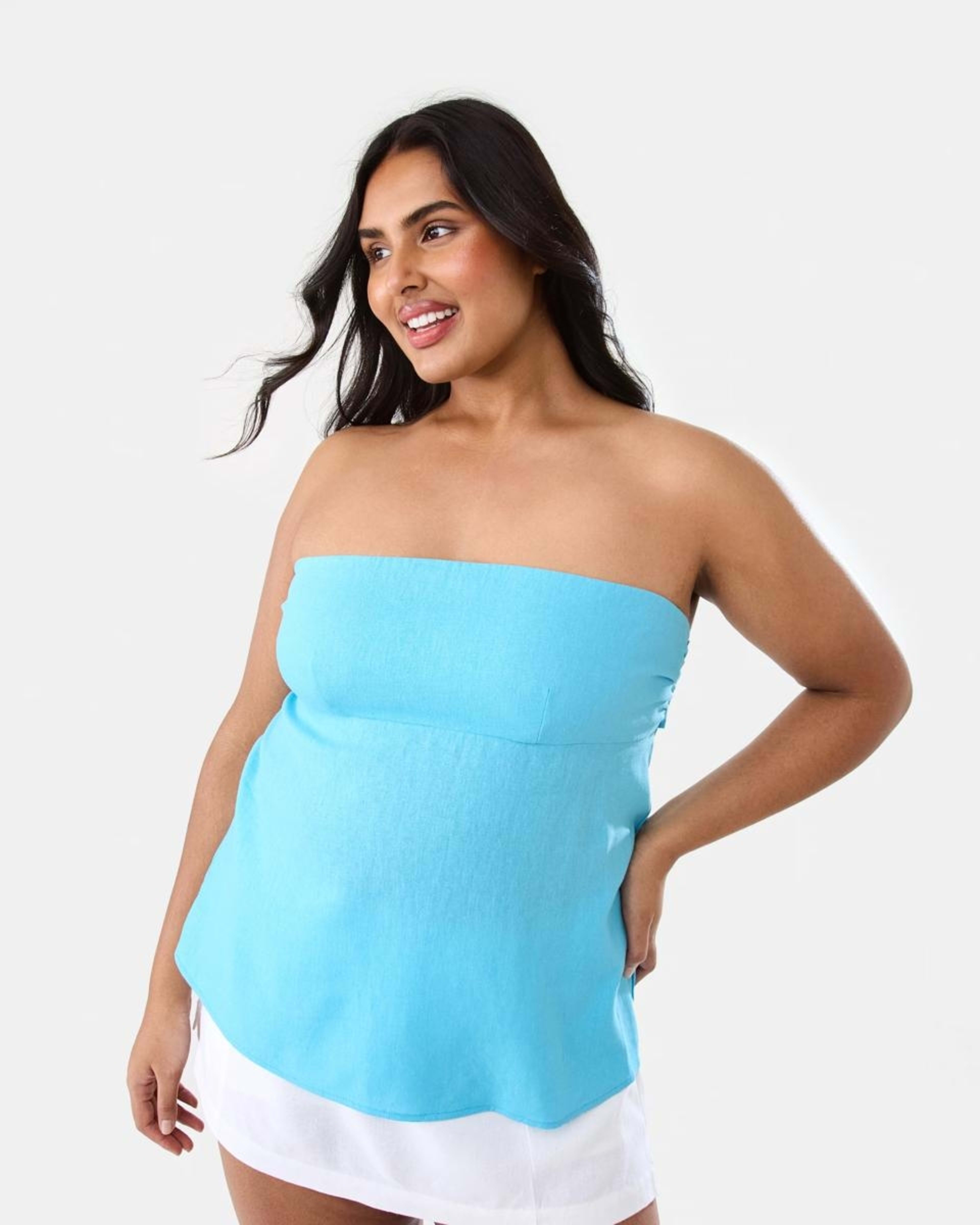 3 Strapless Tie Back Linen Blend Top BLUE TOPAZ, 3 of 9
