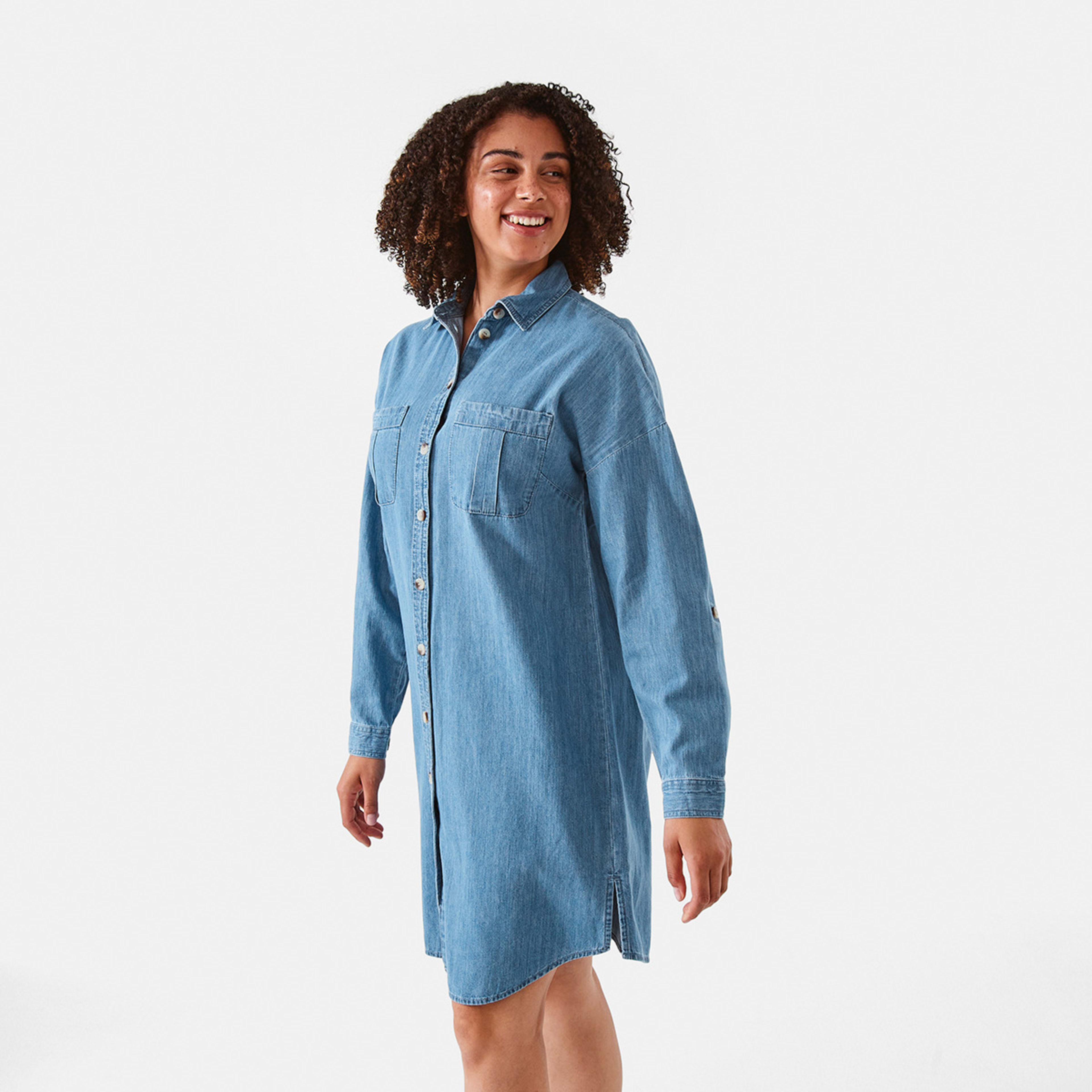 3 Long Sleeve Shift Shirt Midi Dress Mid Wash, 3 of 8