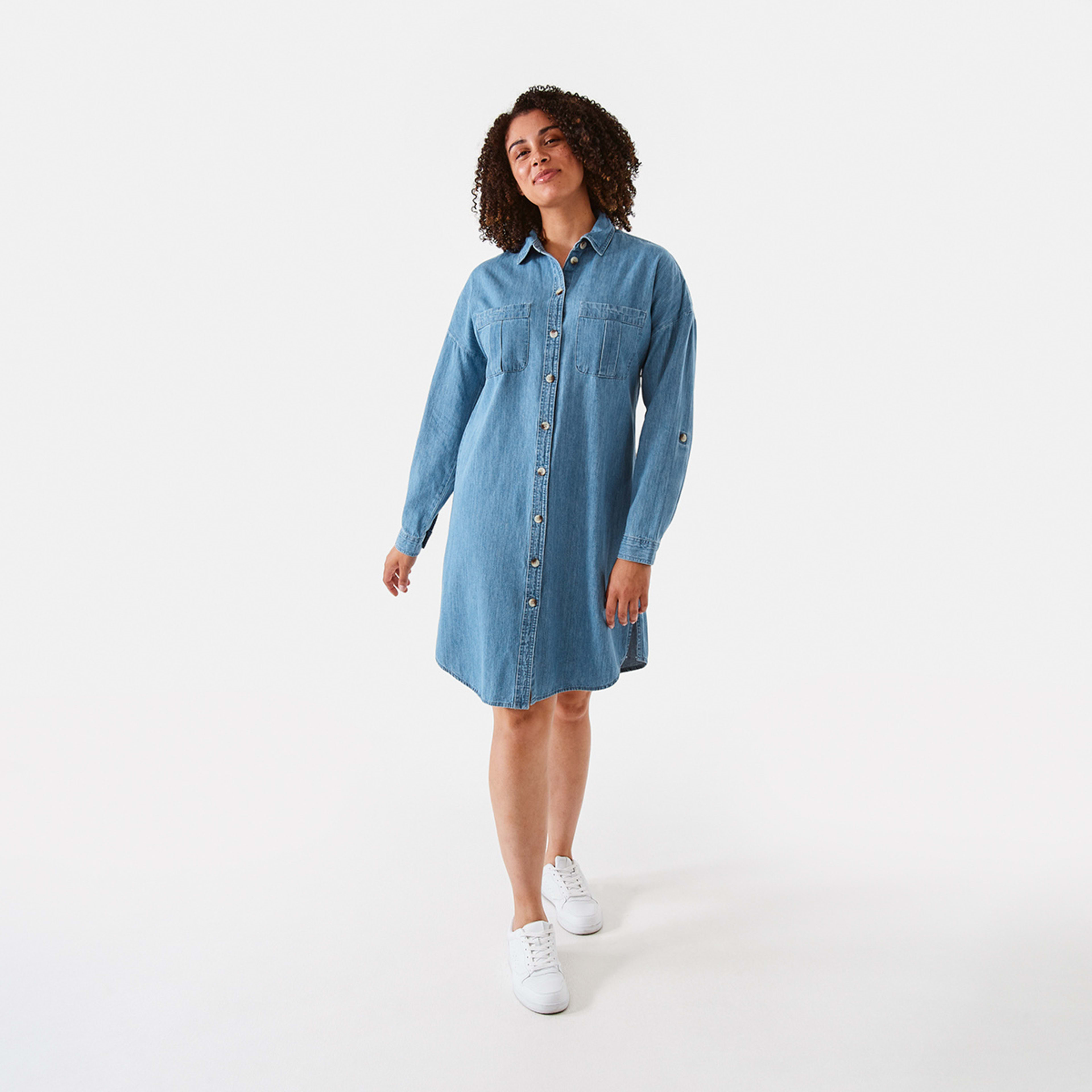 8 Long Sleeve Shift Shirt Midi Dress Mid Wash, 8 of 8