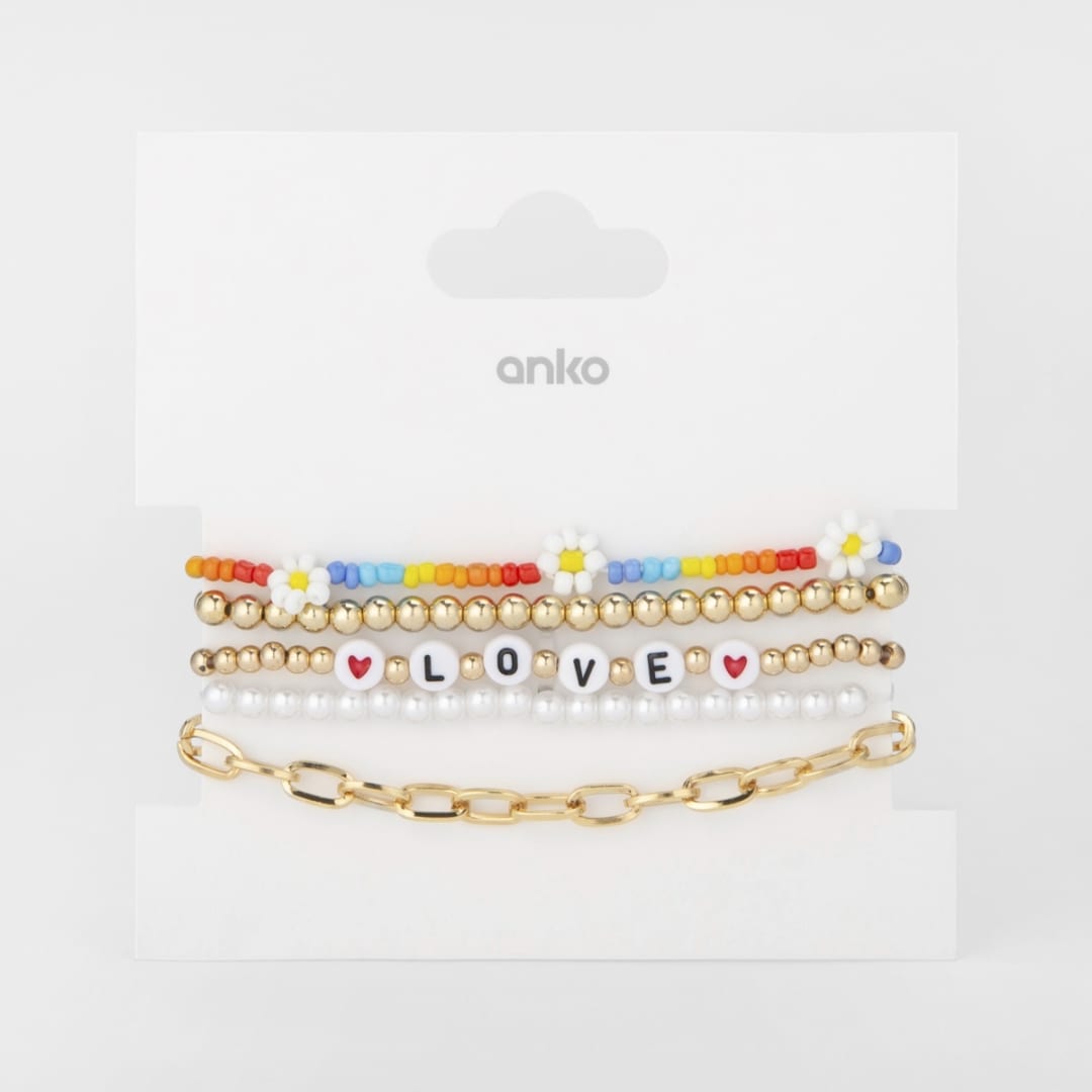 5 Pack Love Bead Bracelet Gold Tone Kmart