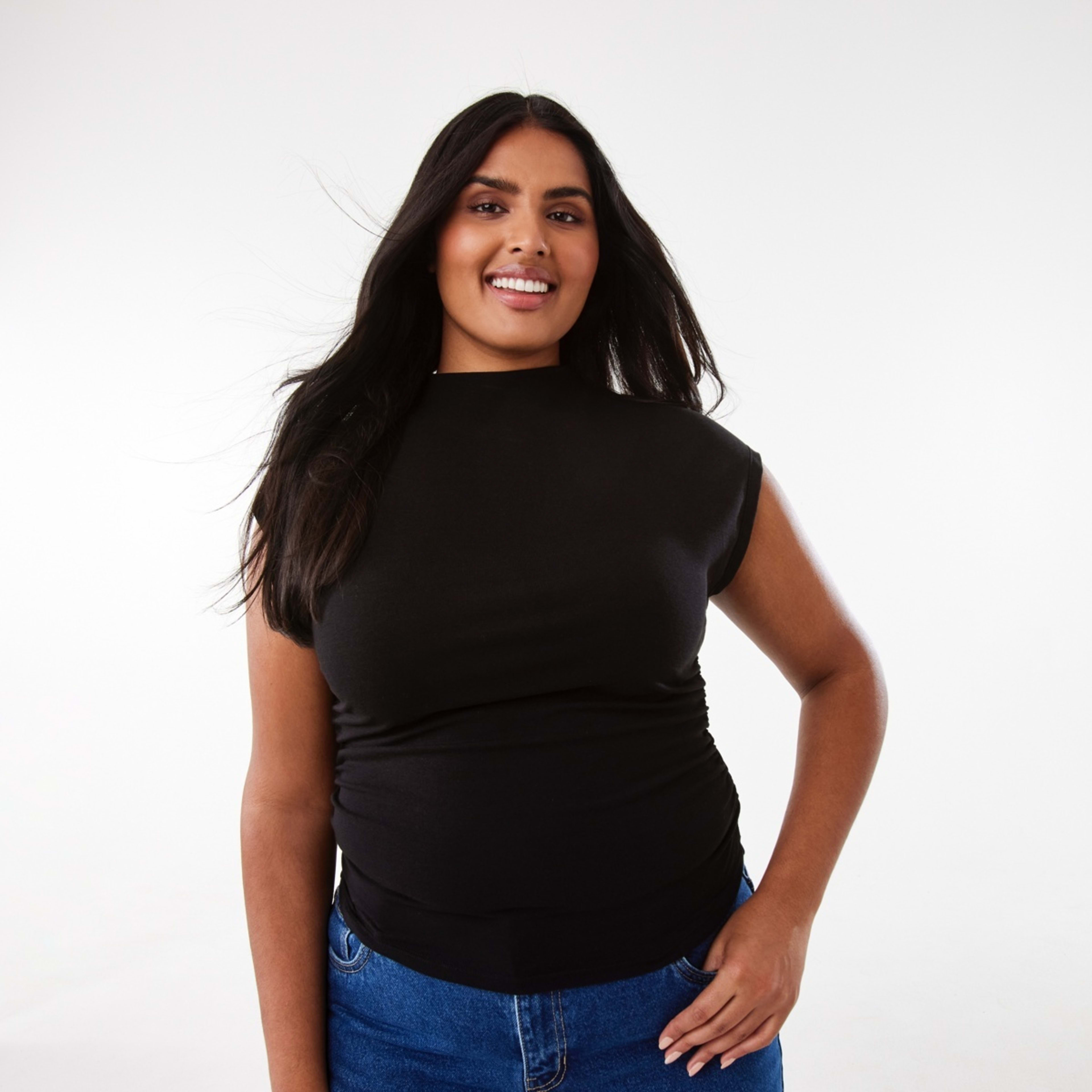 3 Sleeveless Mock Neck Ruched Top Black, 3 of 10