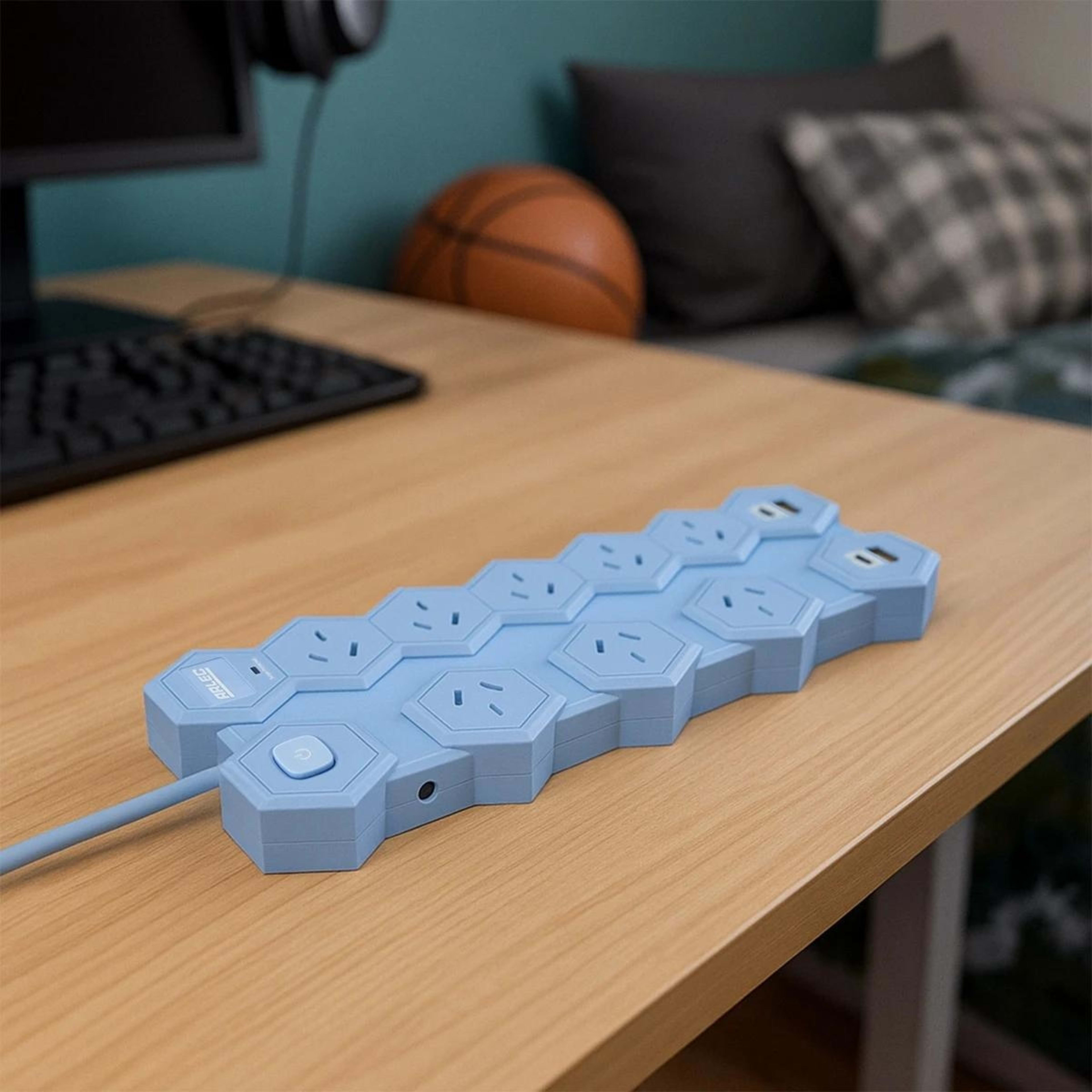 1 Arlec 8 Outlet Hexagon Wide Spaced Outlets & USB A & C Ports Powerboard - Blue, 1 of 7
