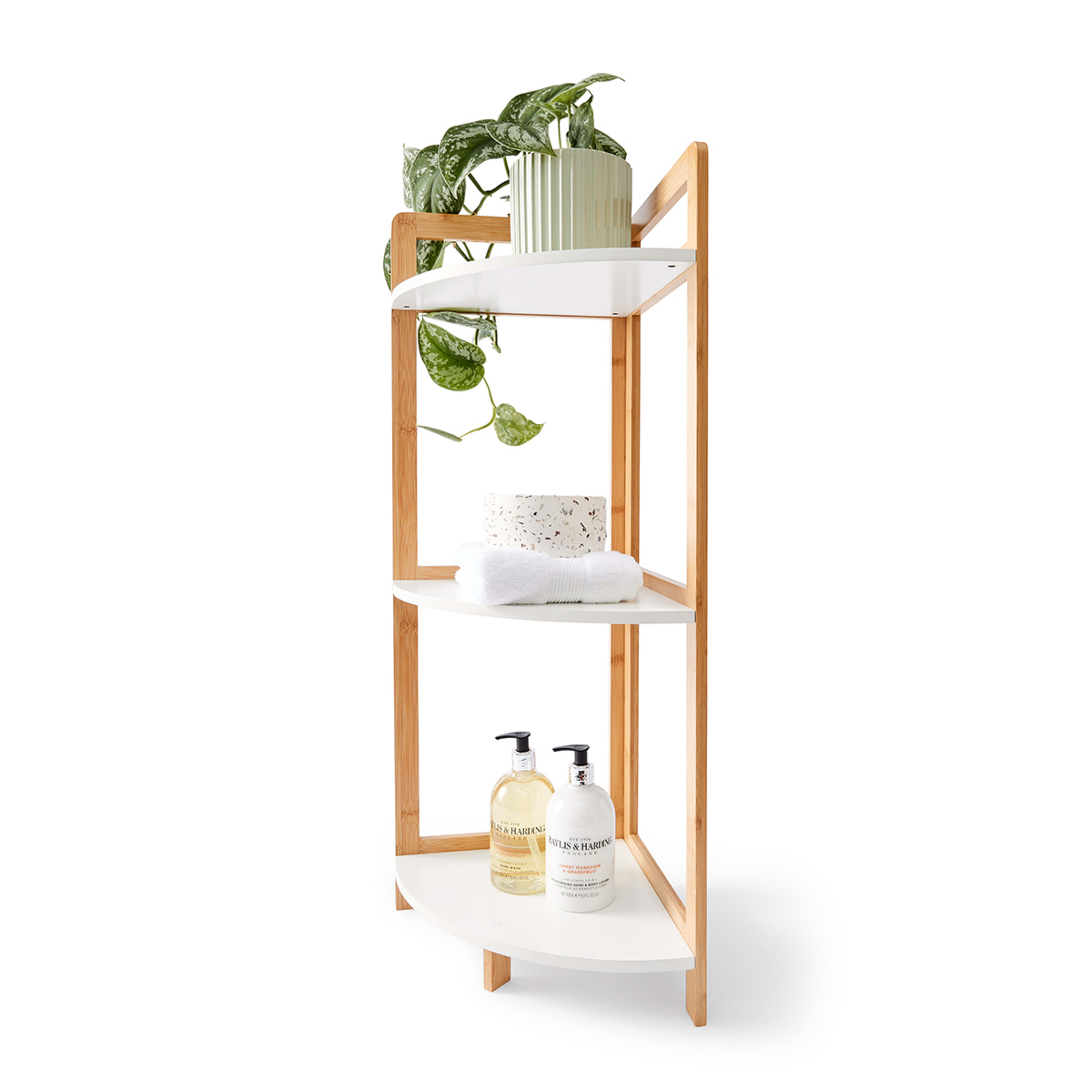 Bamboo and White 3 Tier Corner Shelf - Kmart