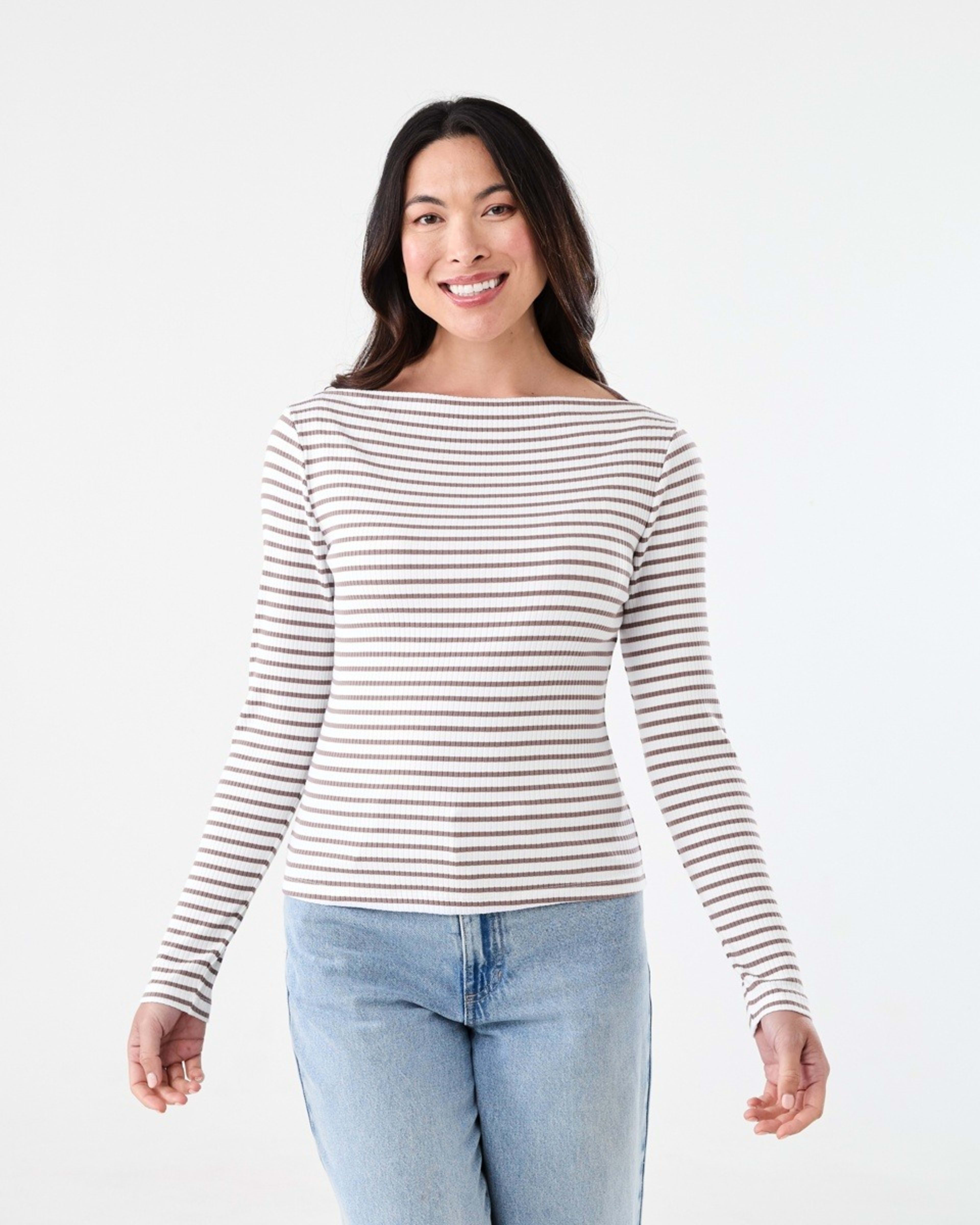 1 Long Sleeve Rib Boat Neck Top Taupe Stp, 1 of 5