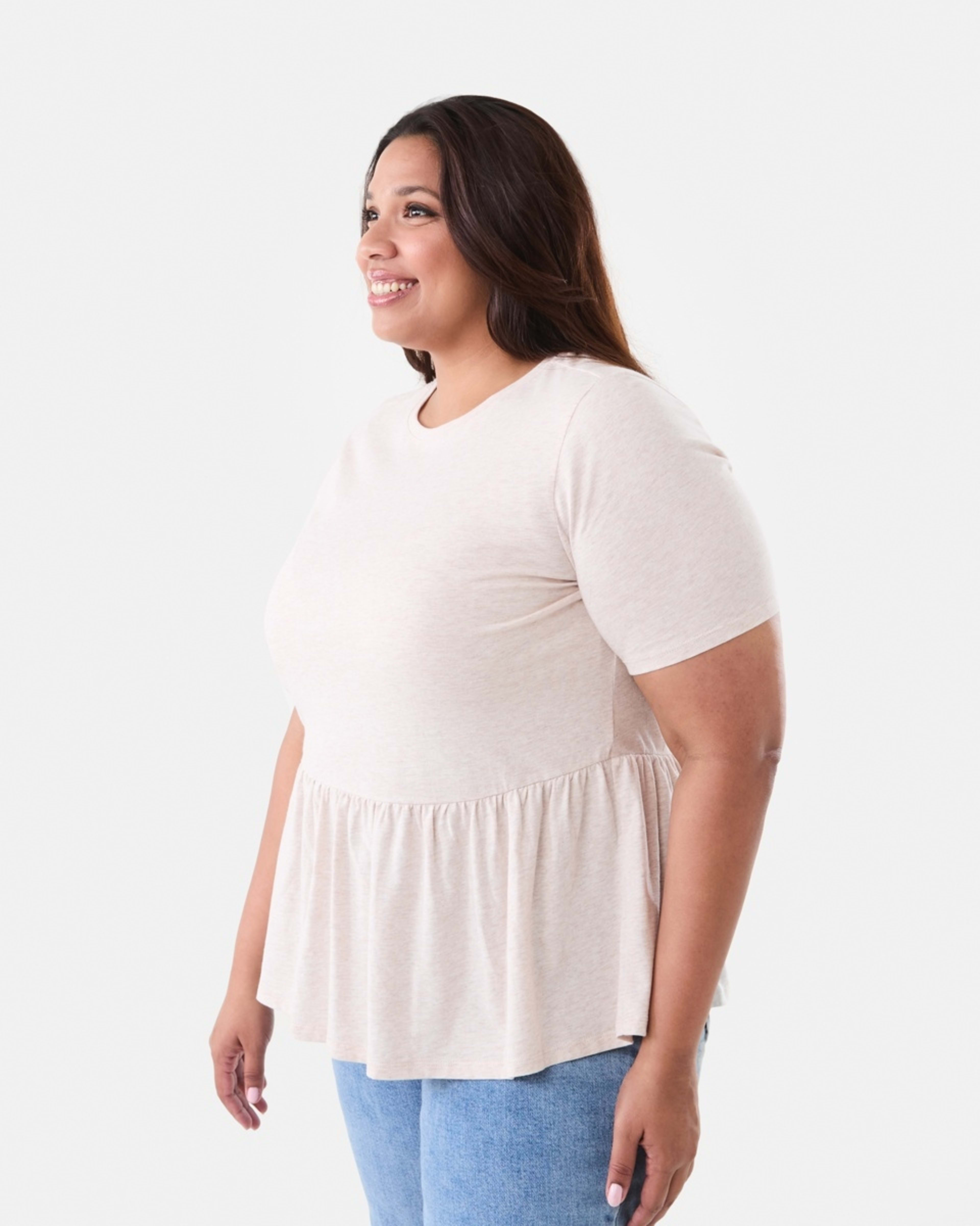 2 Curve Short Sleeve Peplum Top Soft Beige Marle, 2 of 6