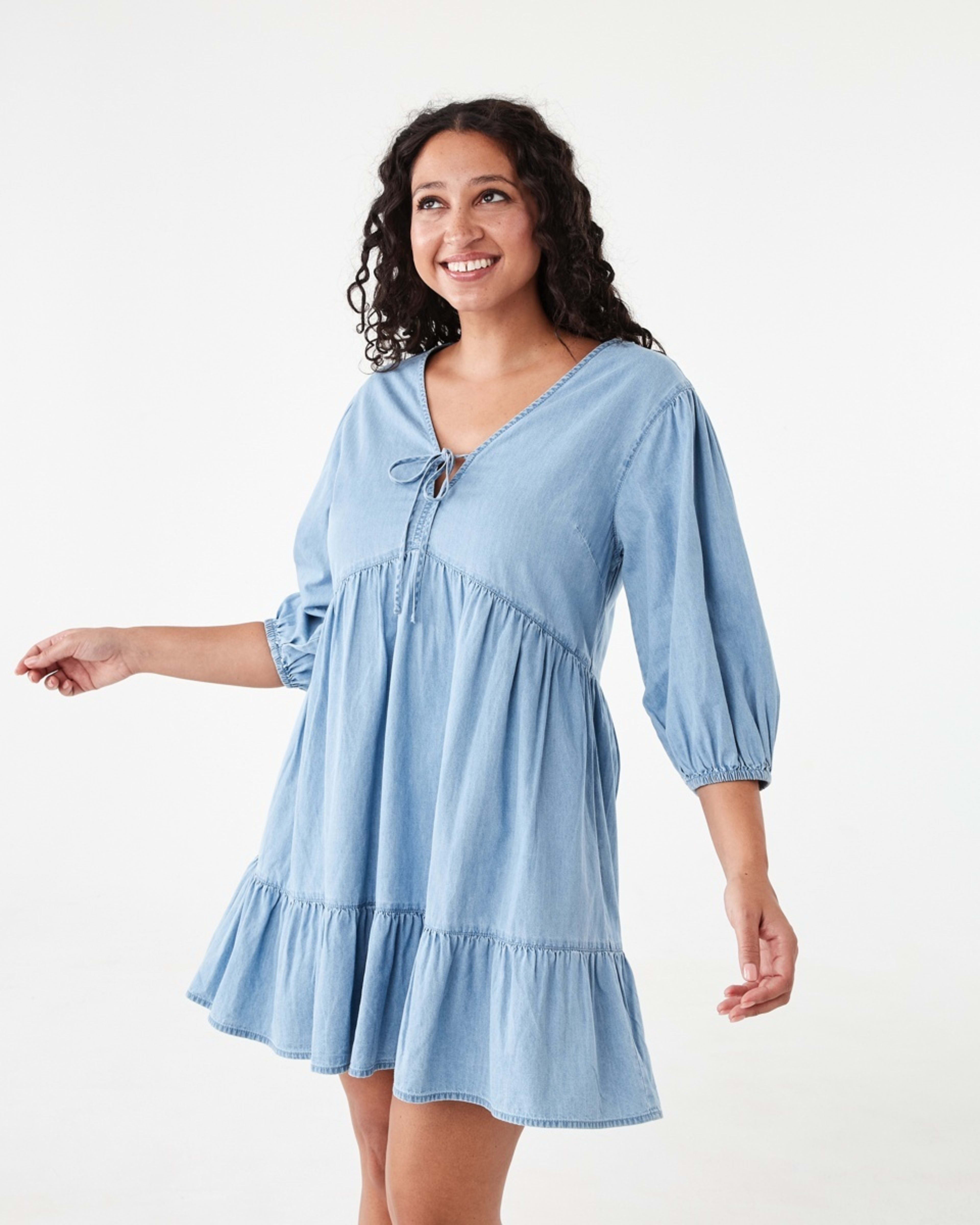 2 3/4 Balloon Sleeves Tie Front Mini Dress Light Wash, 2 of 7