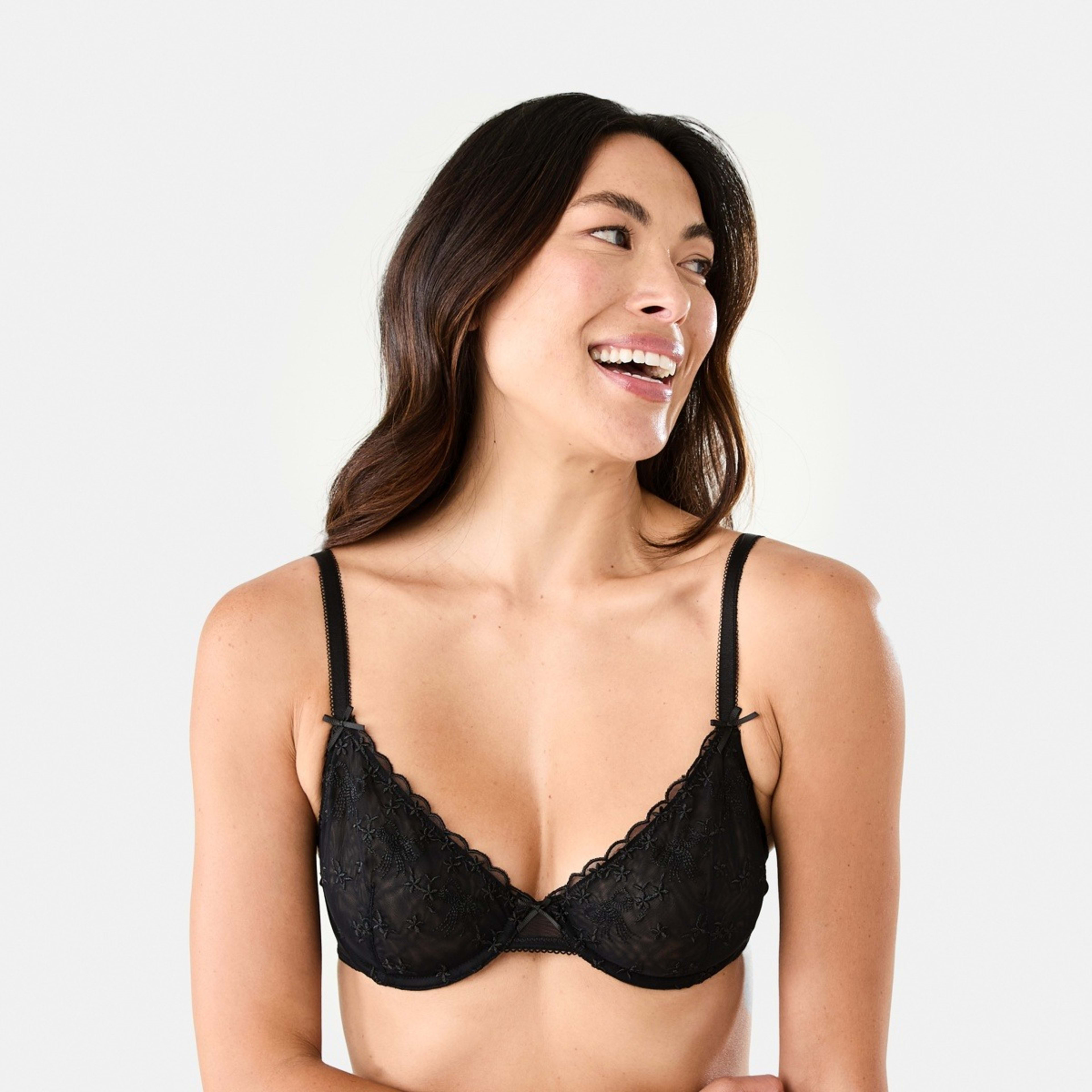 1 Co-ordinated Soft Cup Mesh Underwire Bra Bow Floral Embroidery Black, 1 of 8