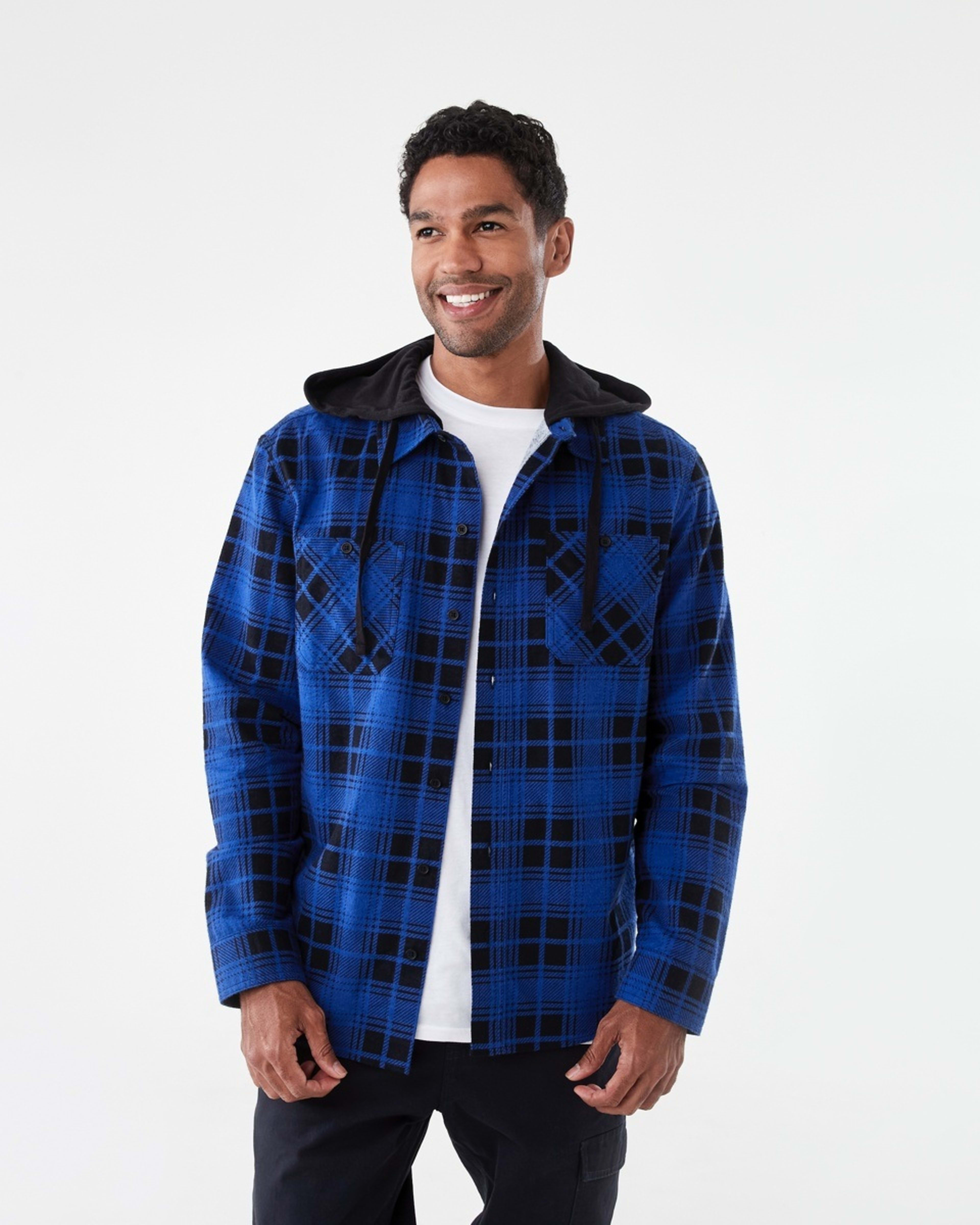 1 Workwear Long Sleeve Hooded Shirt Blu Check
