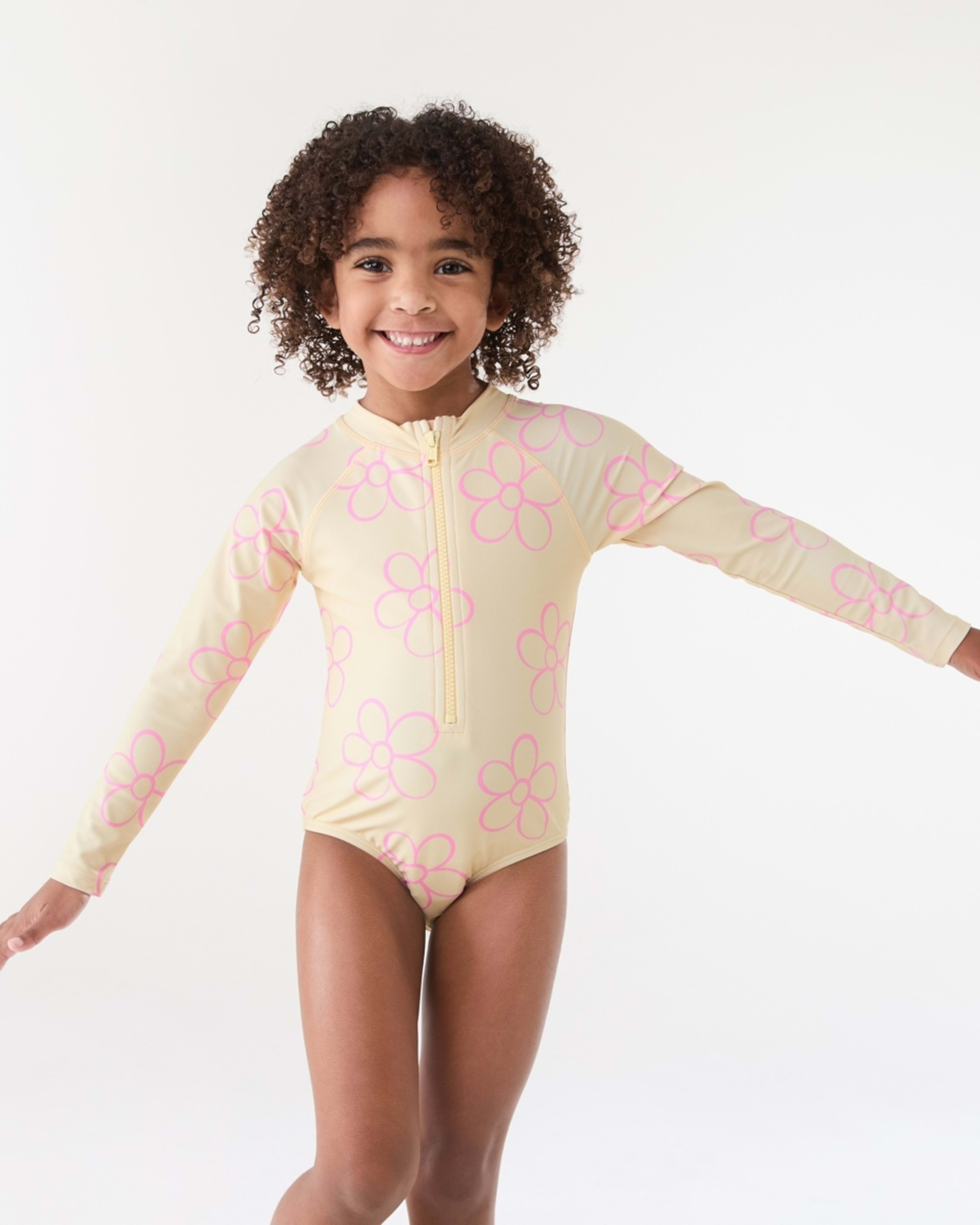 1 Long Sleeve One Piece Swimsuit OUTLINED DAISY BUTTER CREAM, 1 of 7