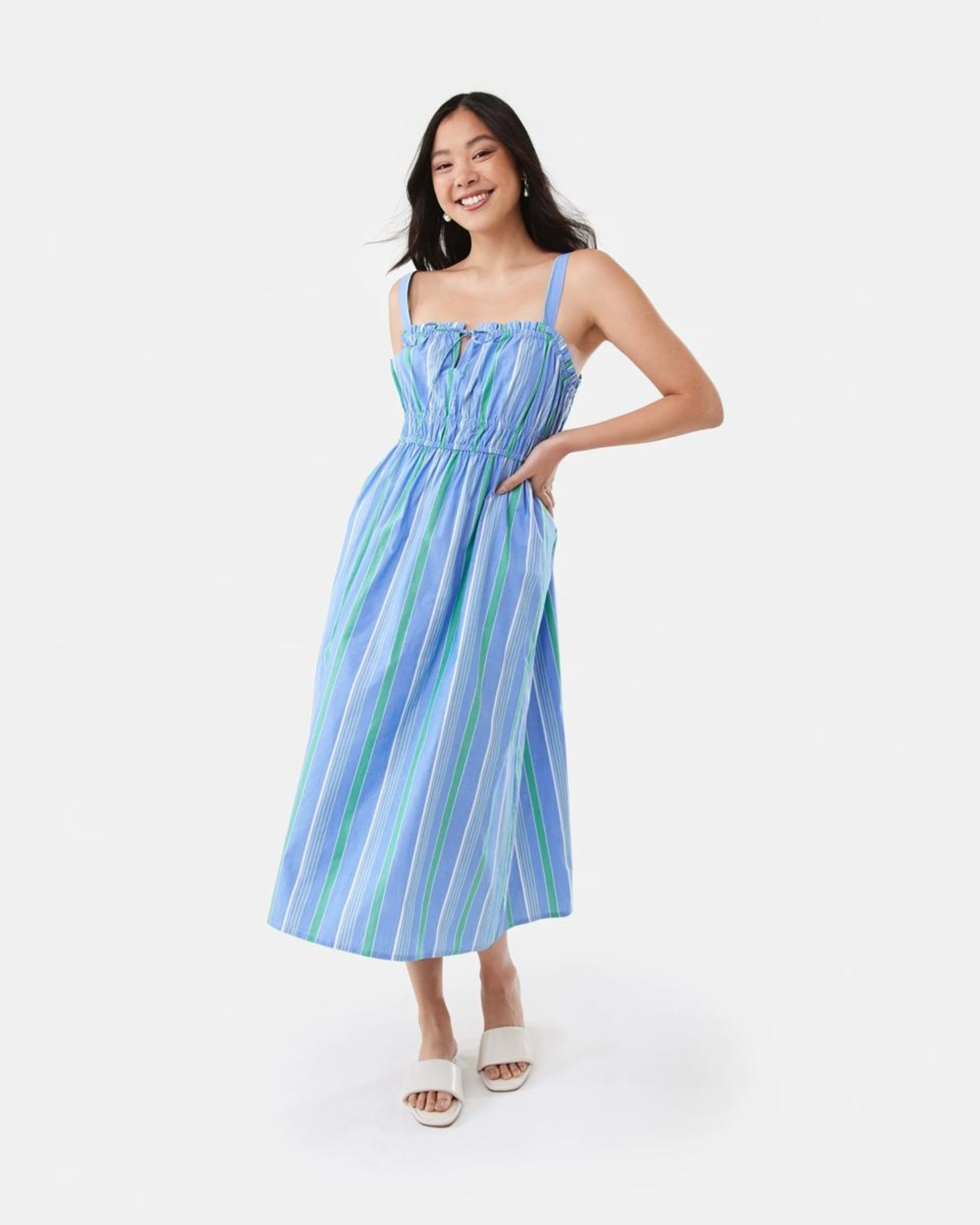1 Sleeveless Poplin Tie Midi Dress POP STRIPE BLUE MARINE, 1 of 7