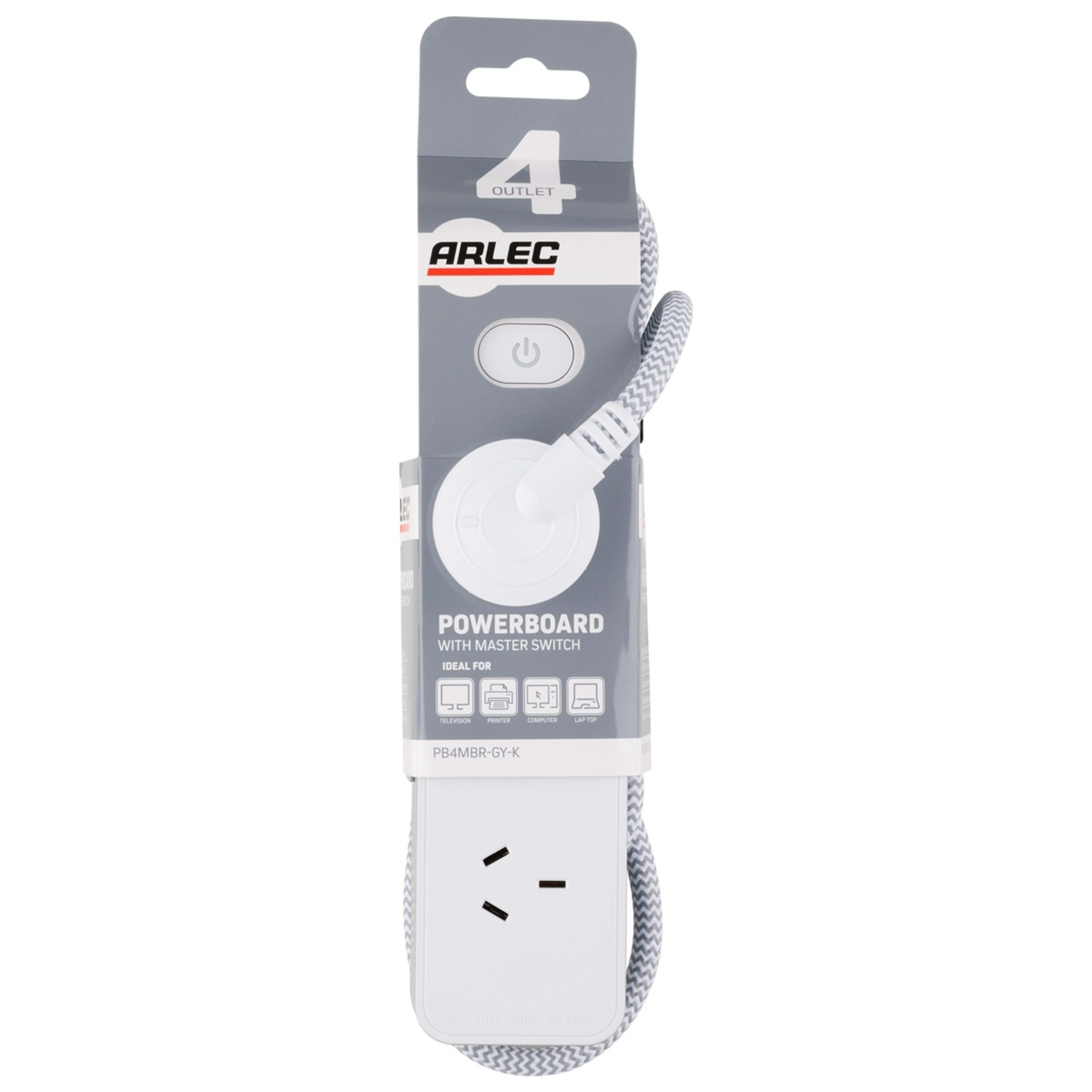 1 4 Outlet Arlec Powerboard with Master Switch - Grey