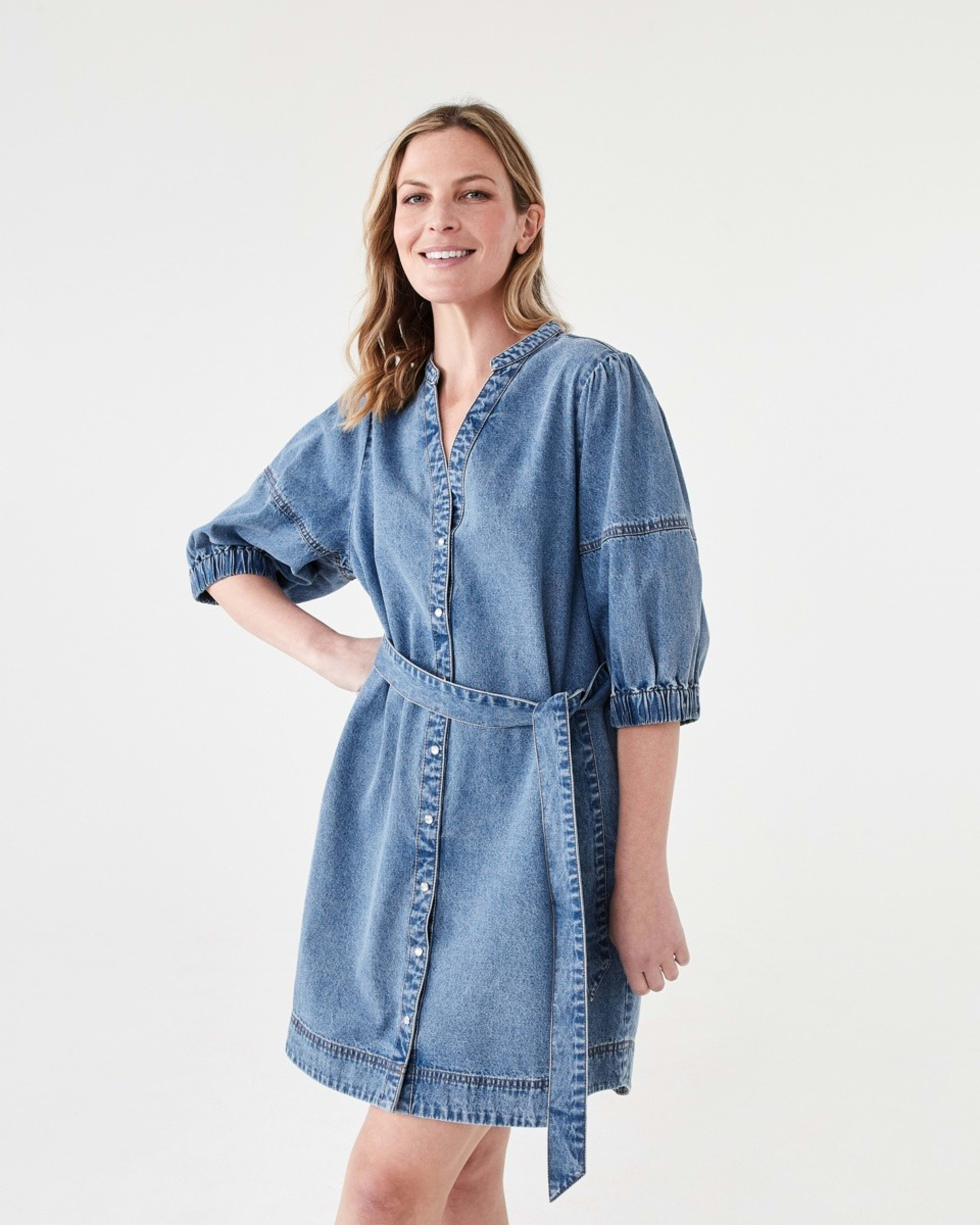 1 Short Sleeve Denim Puff Sleeve Mini Dress LIGHT DENIM WASH, 1 of 6