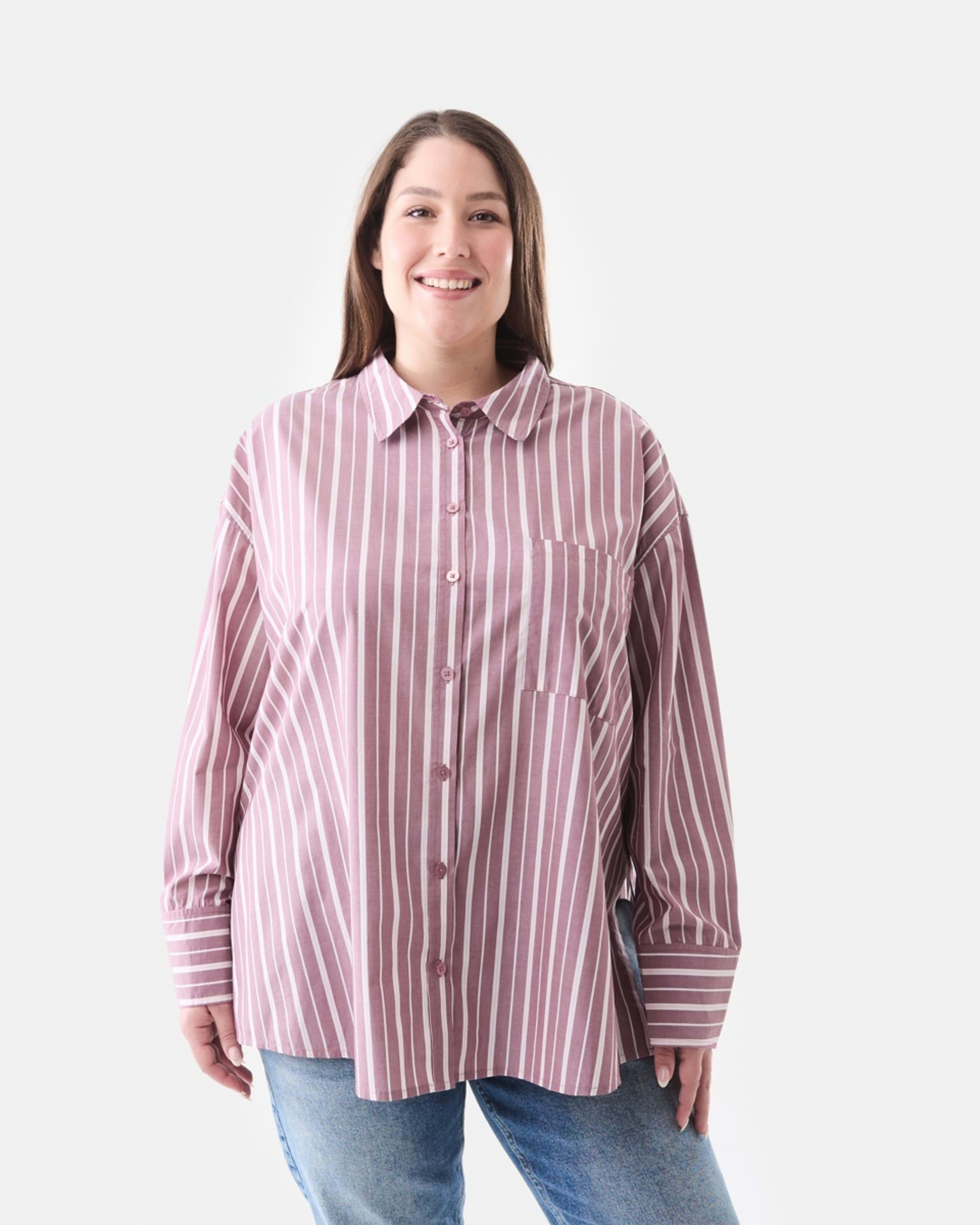 1 Curve Long Sleeve Boyfriend Shirt Berry Strp, 1 of 5