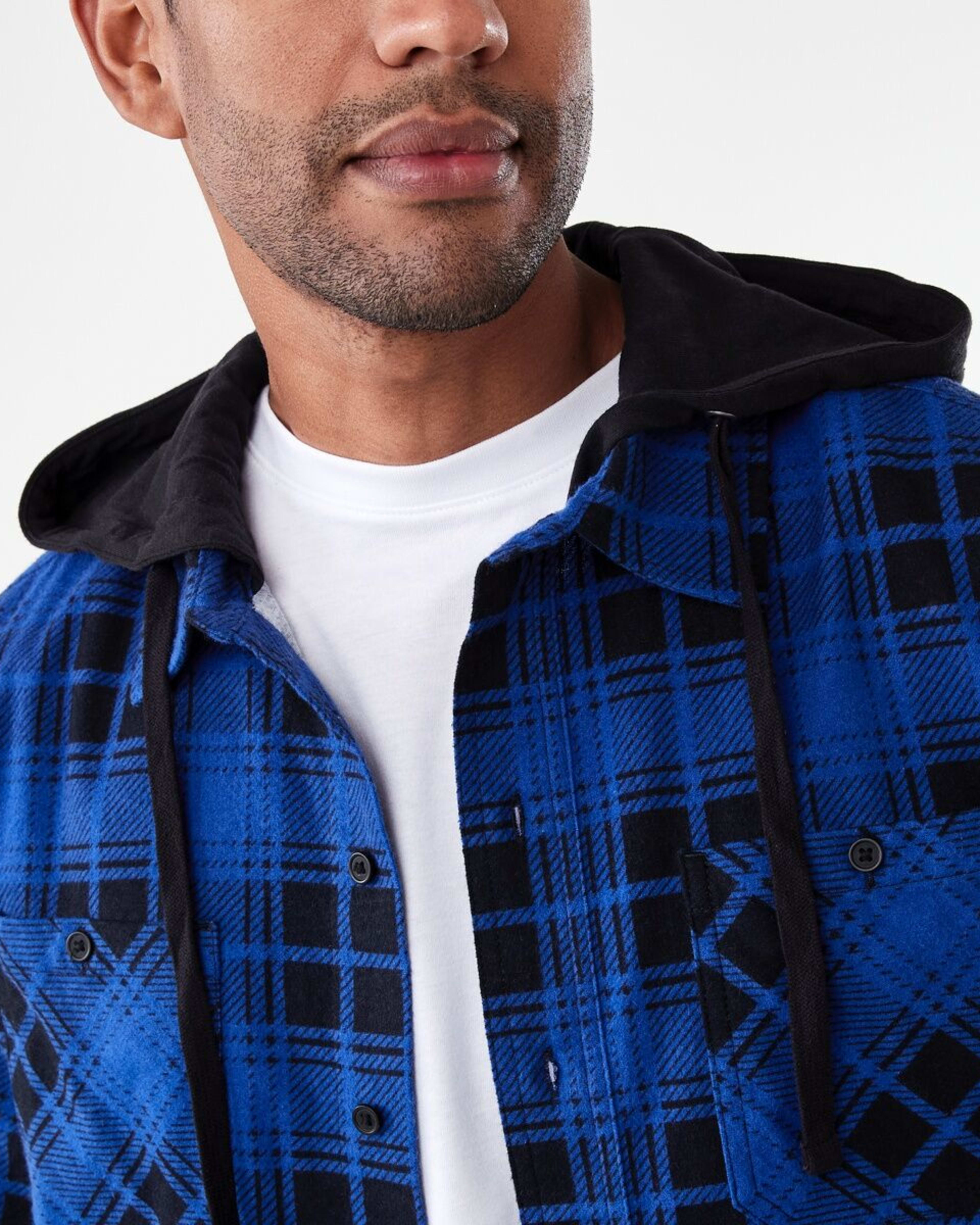 6 Workwear Long Sleeve Hooded Shirt Blu Check, 6 of 7