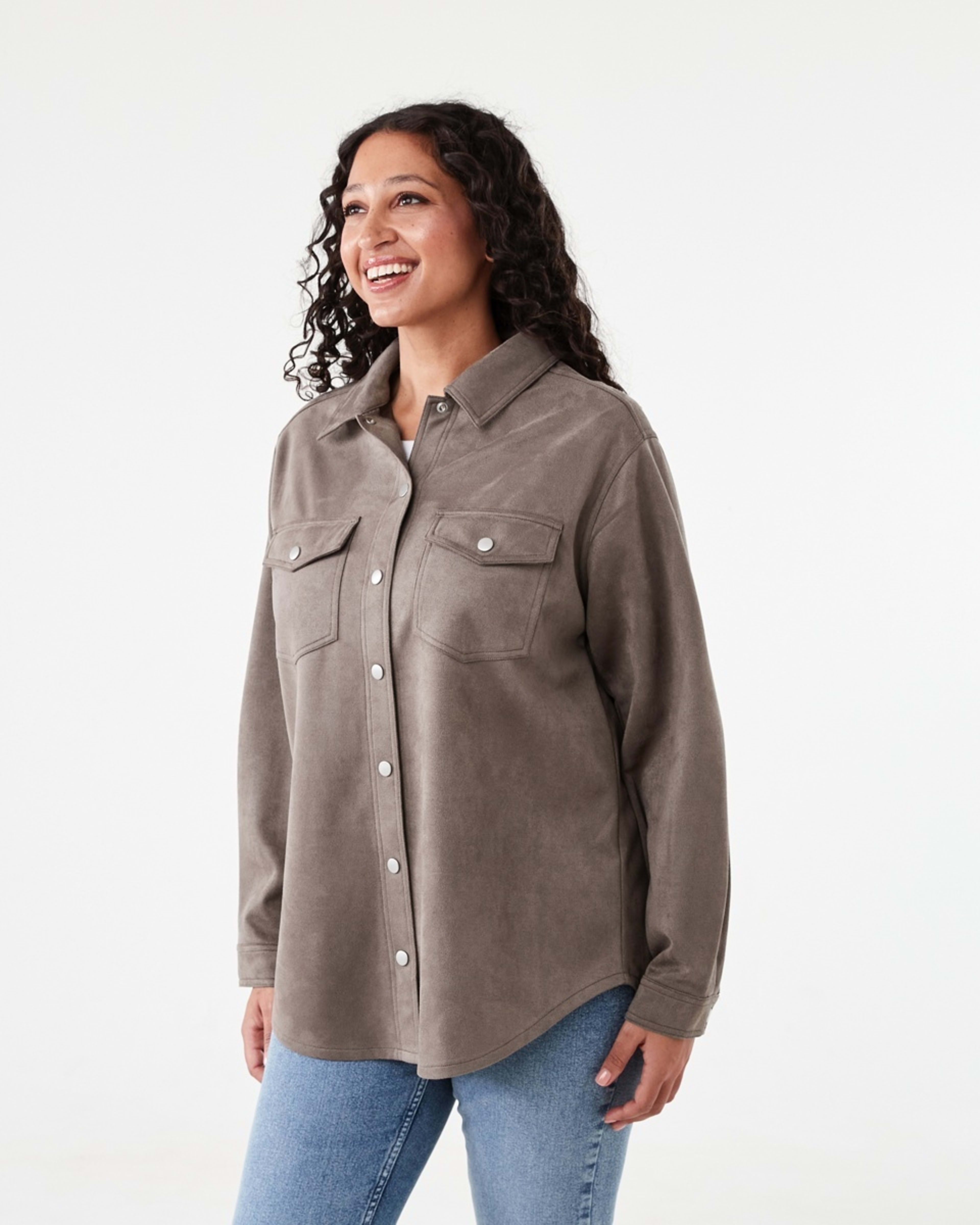 3 Long Sleeve Suedette Shirt Taupe Brn, 3 of 8
