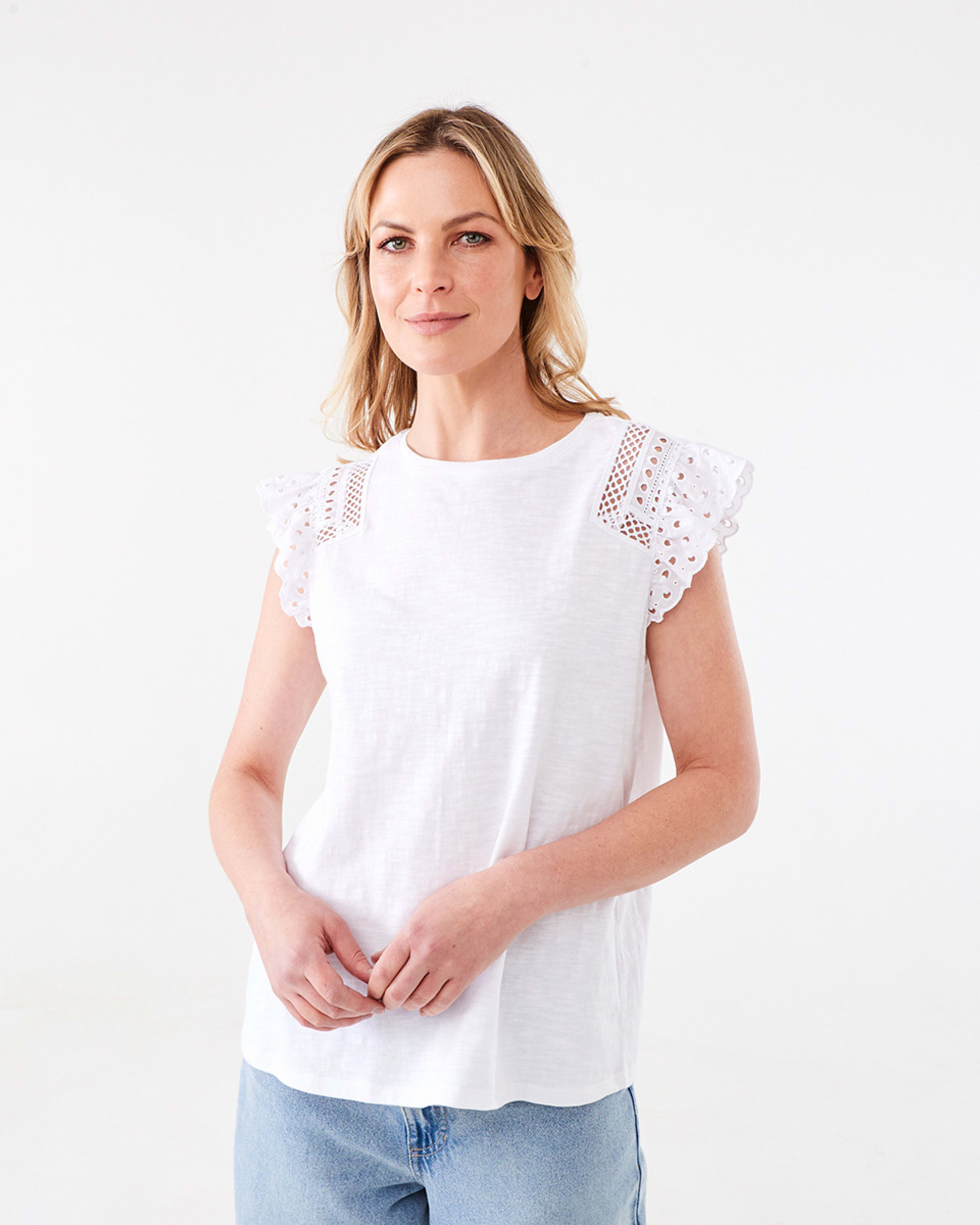1 Sleeveless Broderie Shoulder Top White