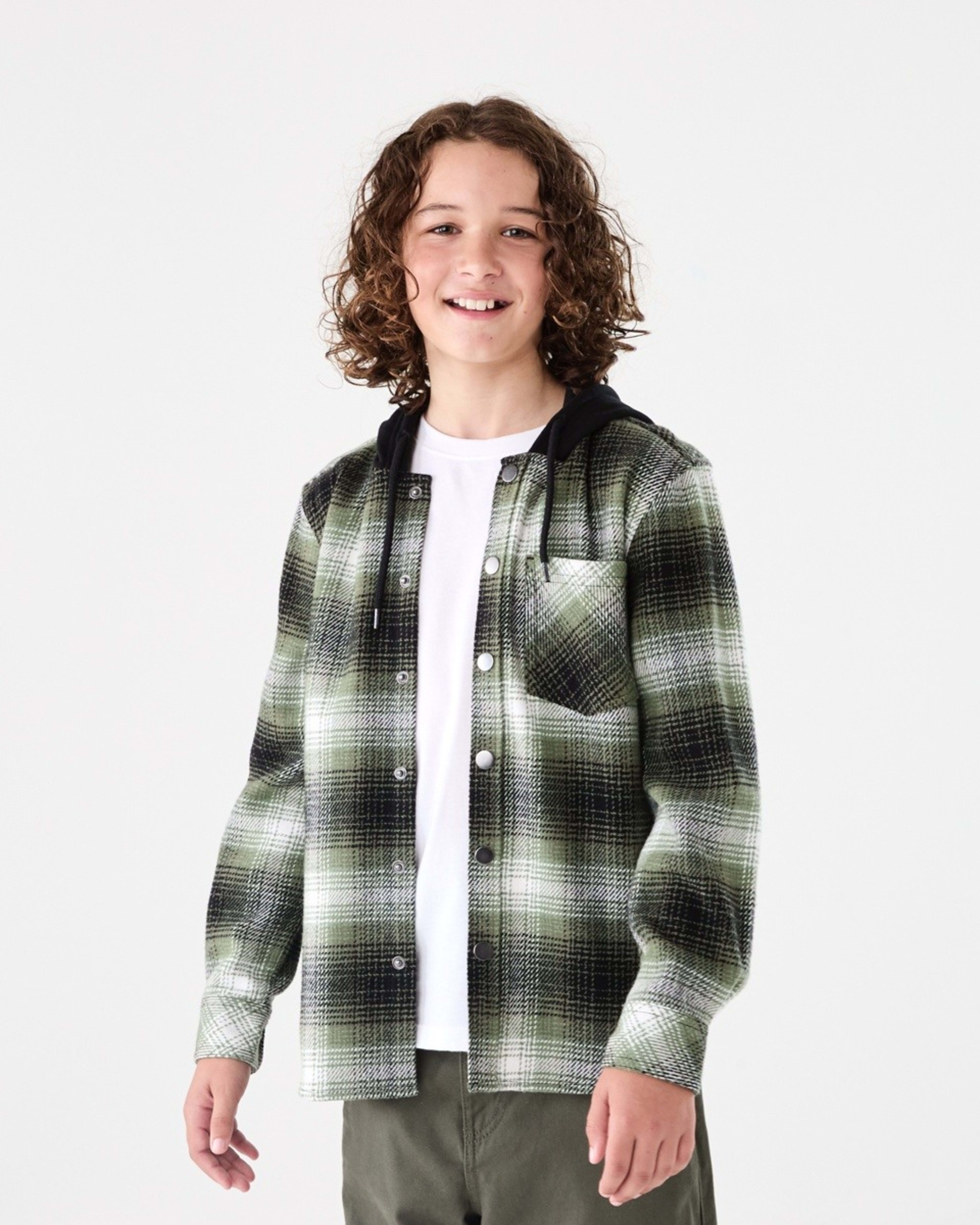 1 Long Sleeve Hooded Flannel Shirt Grn Check, 1 of 8