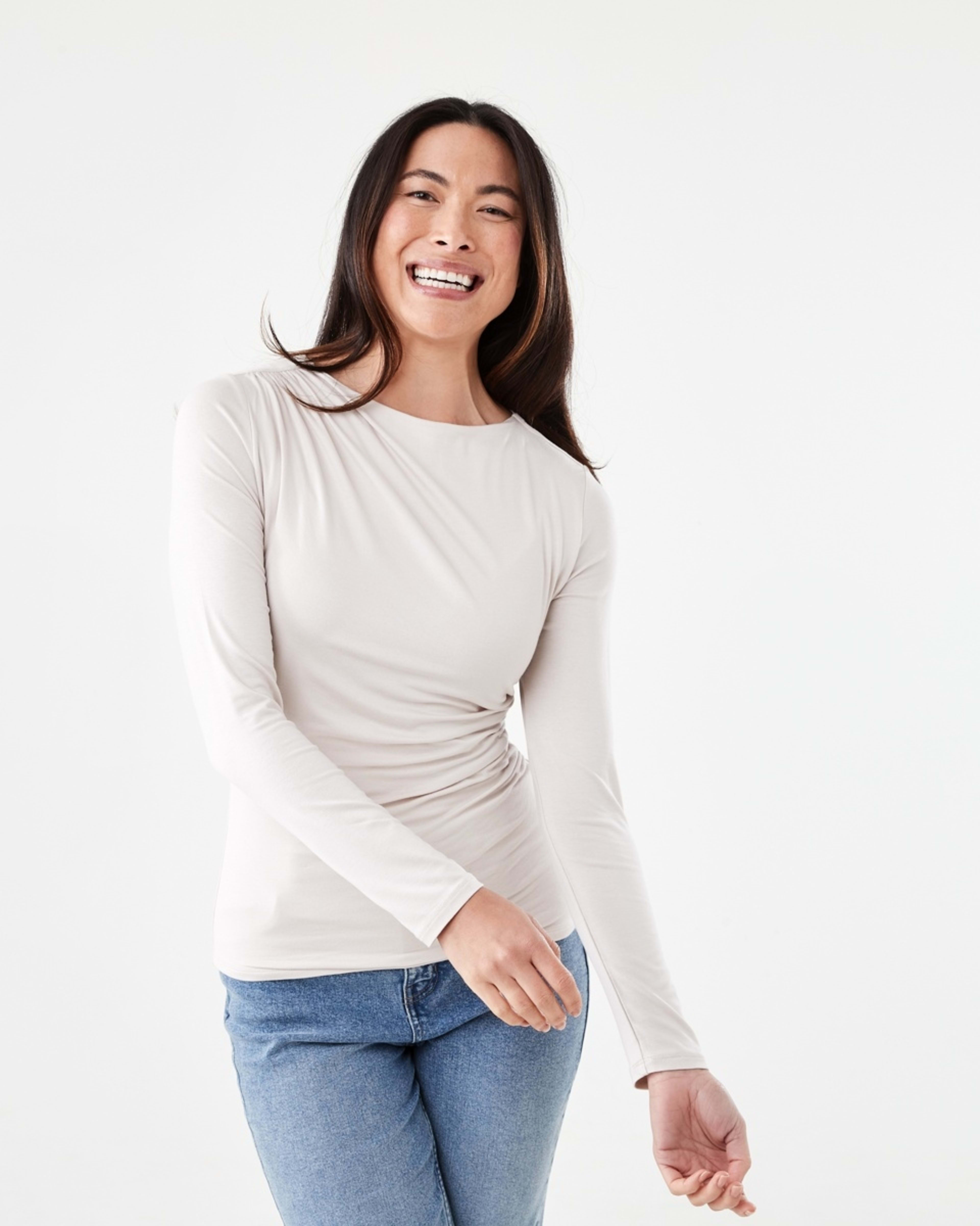 1 Long Sleeve Ruched Shoulder Top Nat Beige