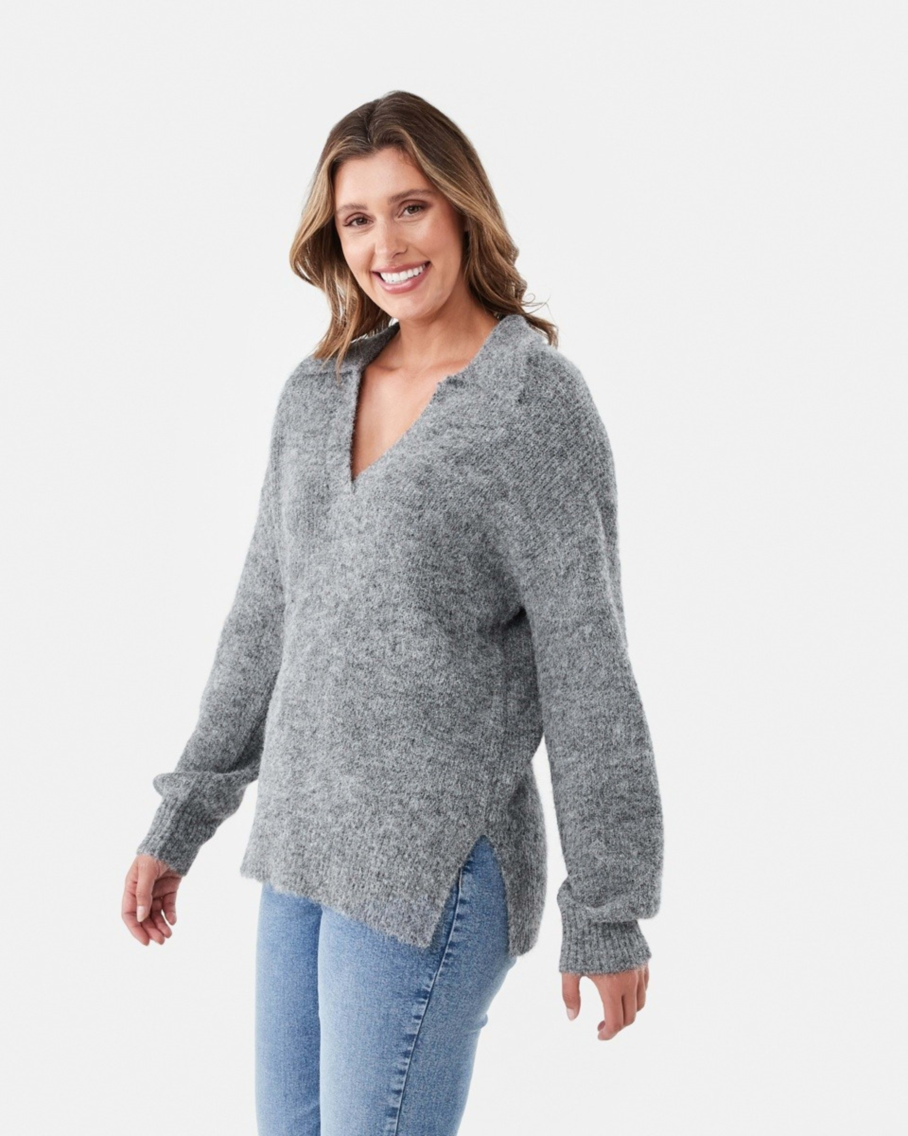 2 Fluffy Knit Polo Jumper Gry Chmrle, 2 of 6