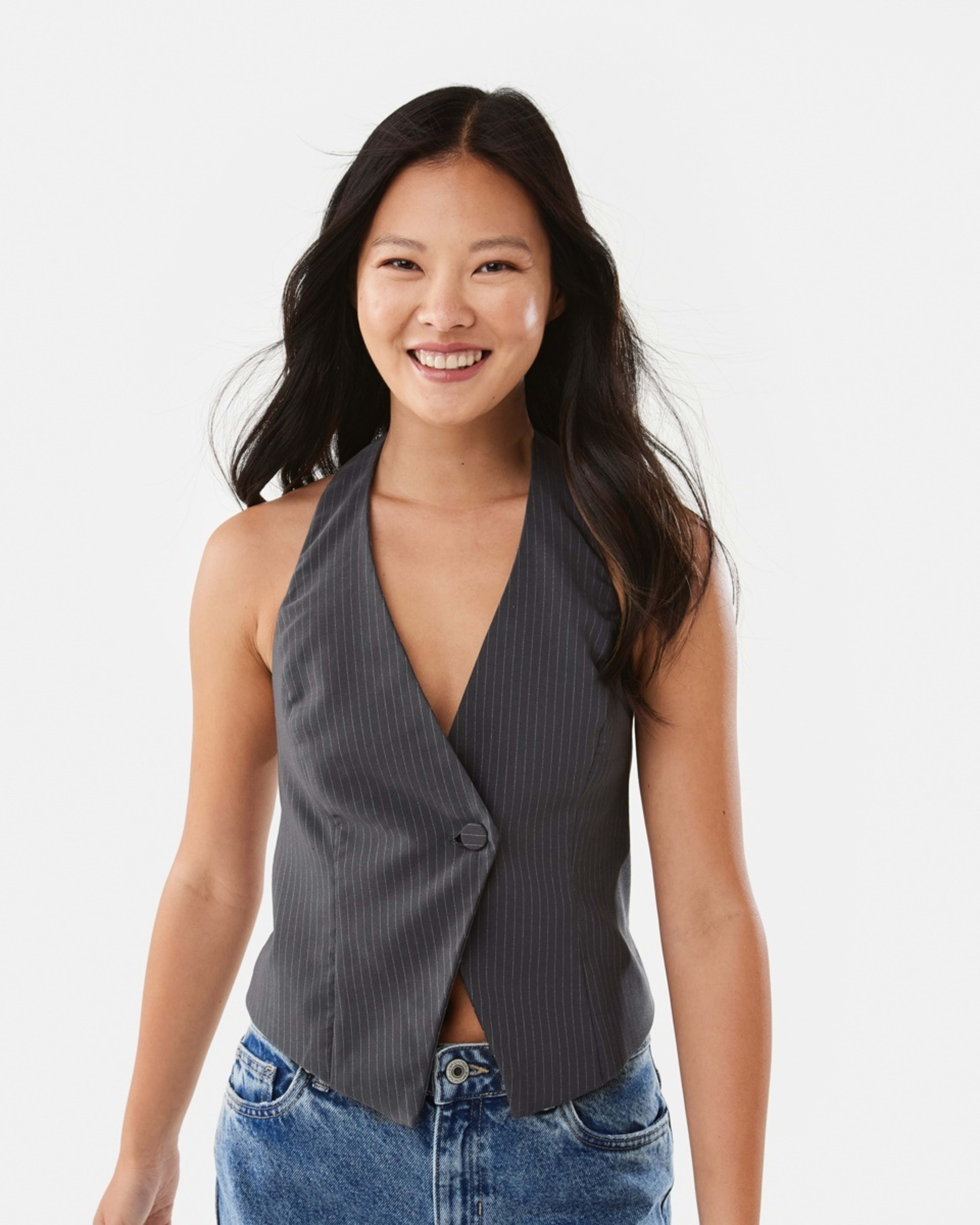 1 Sleeveless Halter Vest Grey Strpe