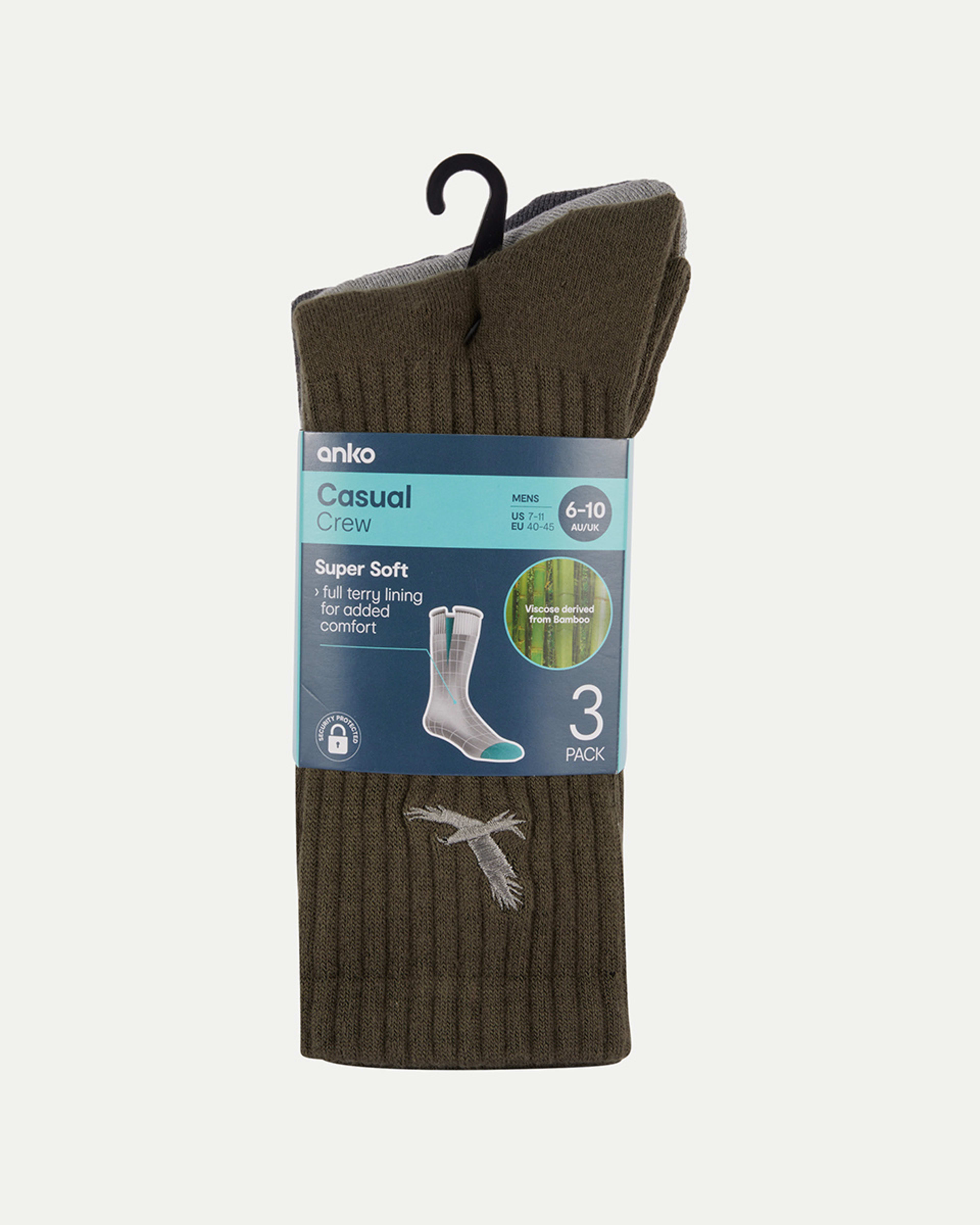 3 3 Pack Bamboo Rib Crew Socks OLIVE GREY CHARCOAL, 3 of 3
