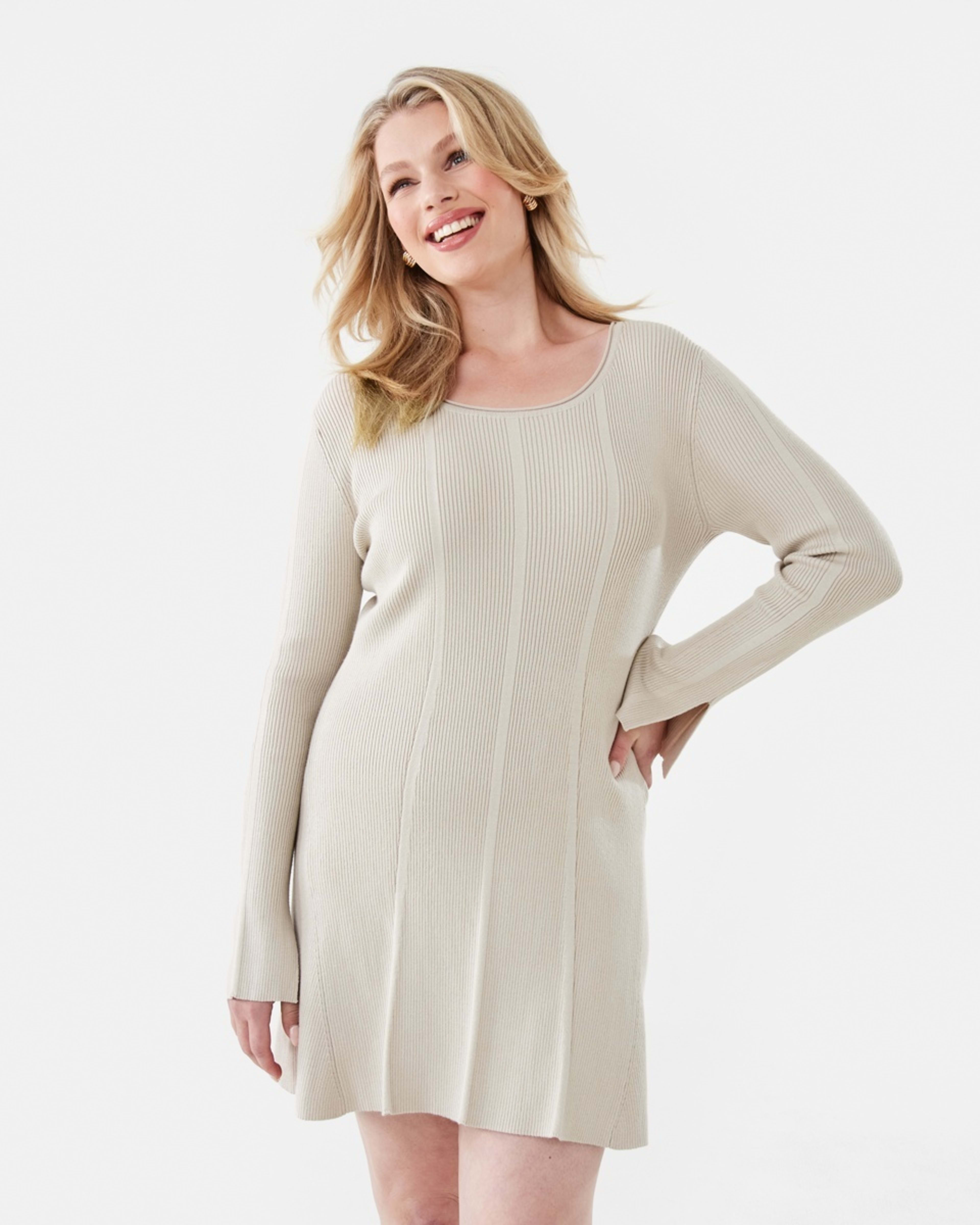 1 Long Sleeve Scoop Knit Skater Mini Dress Bone Beige