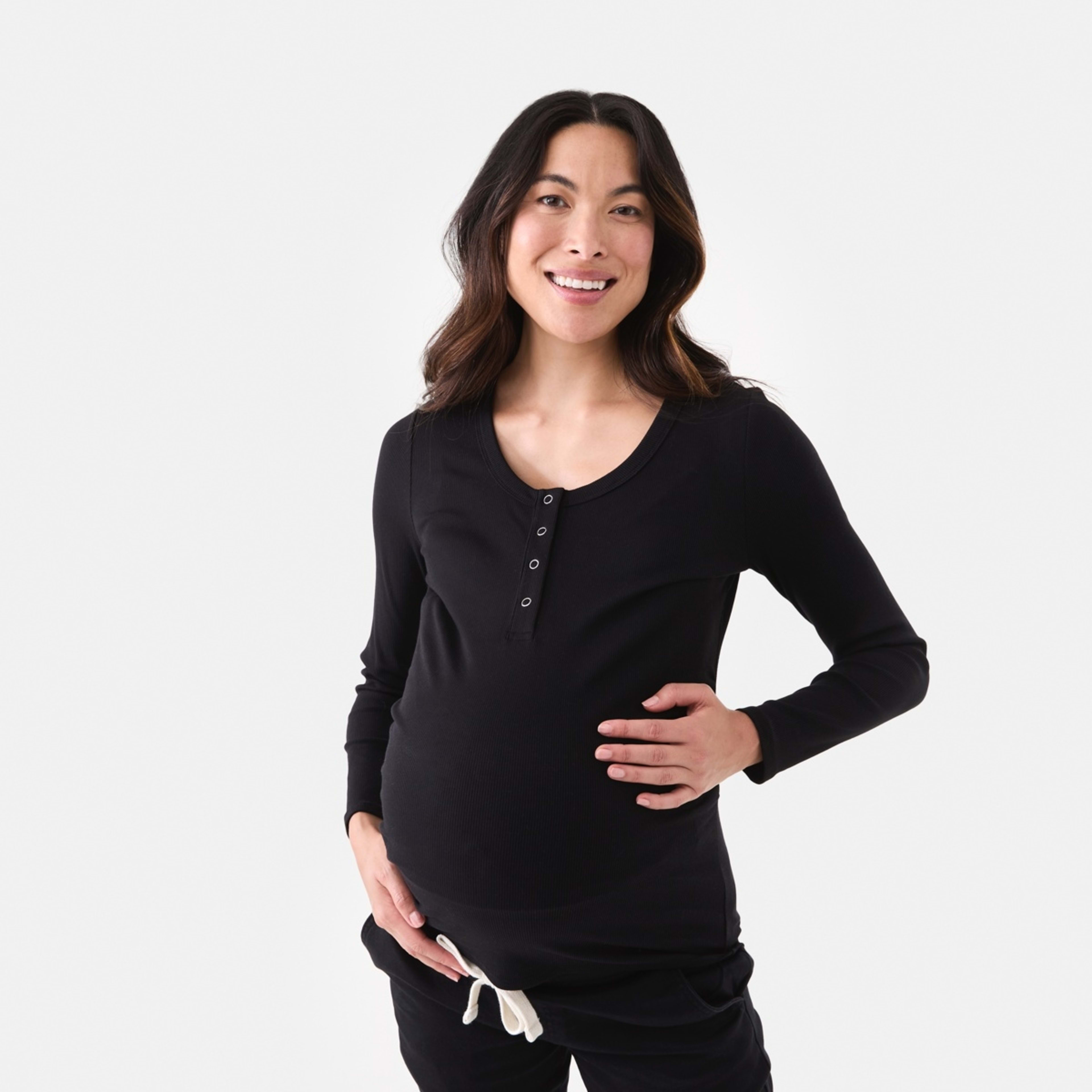 1 Maternity Long Sleeve Henley Feeding T-shirt Black, 1 of 6