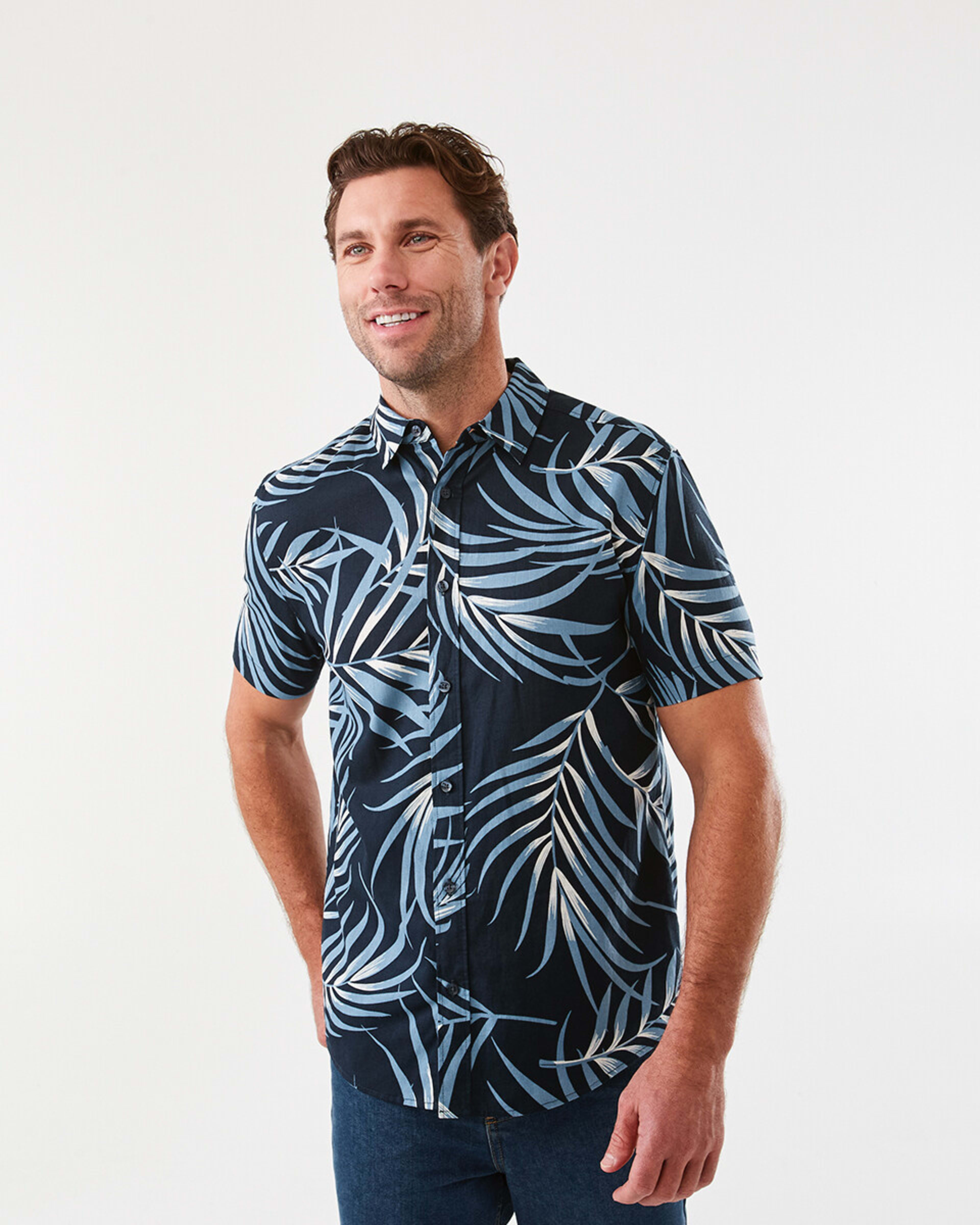1 Short Sleeve Print Linen Blend Shirt Nvy Frond, 1 of 6