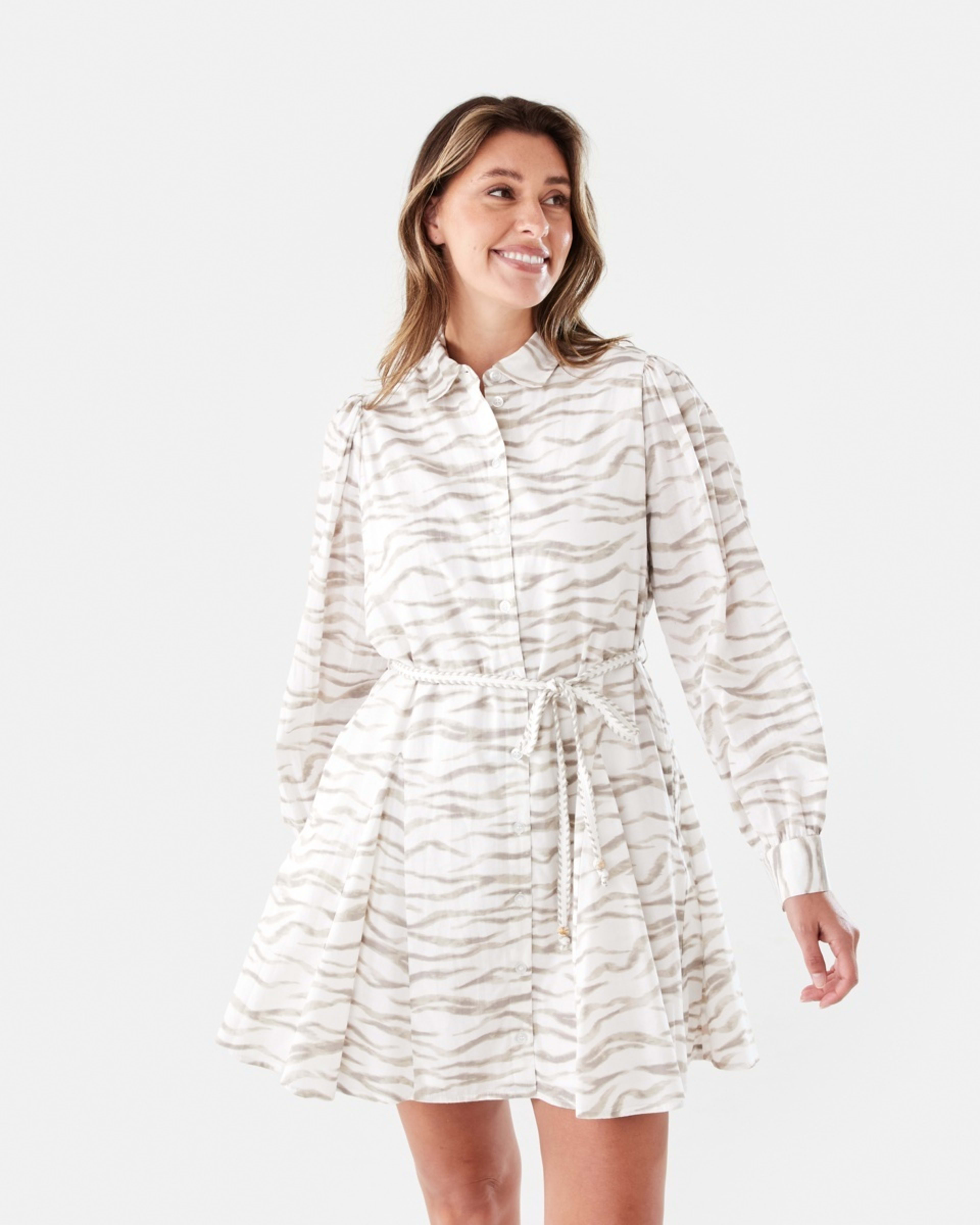 1 Long Balloon Sleeve Tie Waist Mini Dress SOFT ZEBRA CLOUD DANCER, 1 of 8