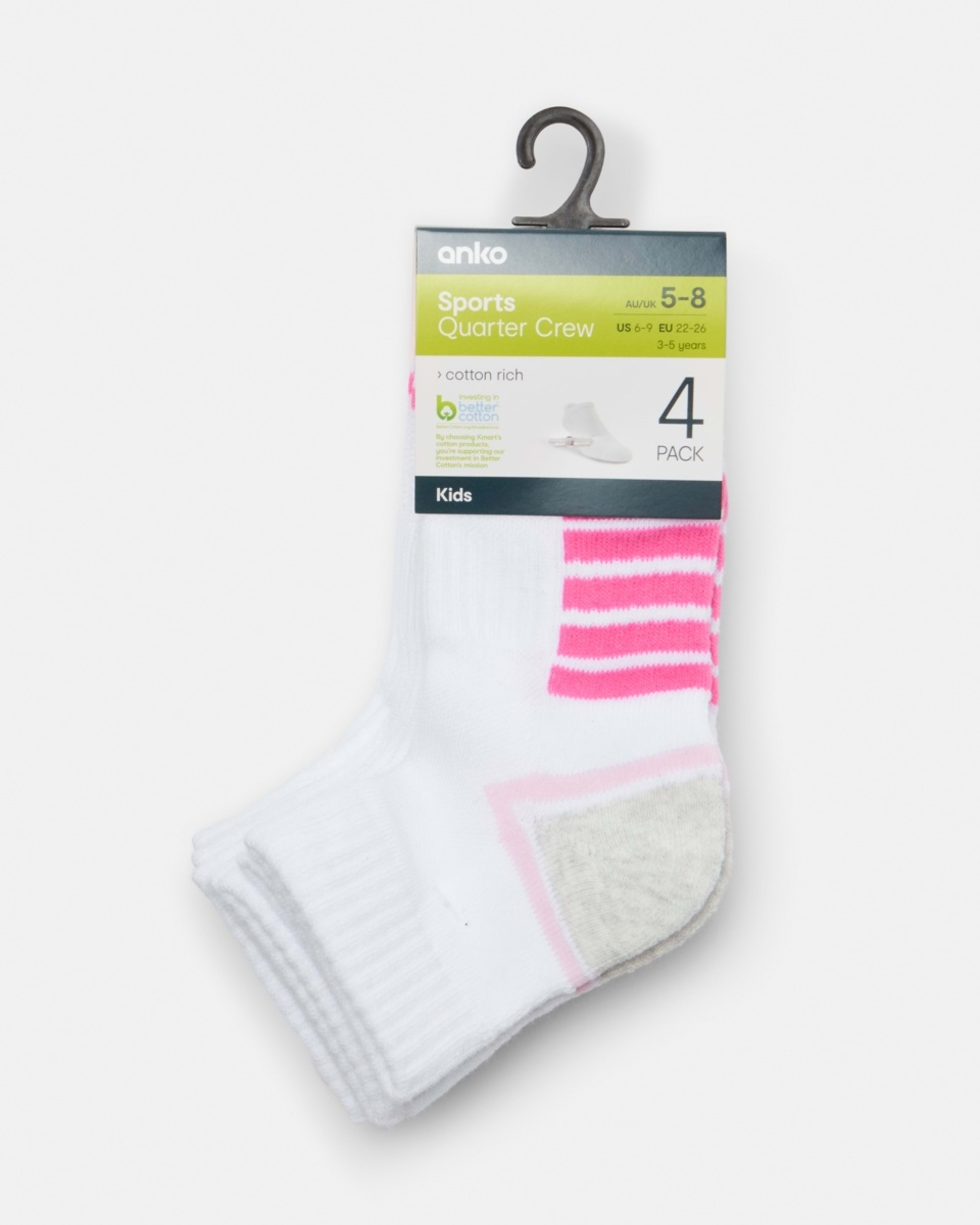 3 4 Pack Active Kids Quarter Crew Socks PINKS, 3 of 3