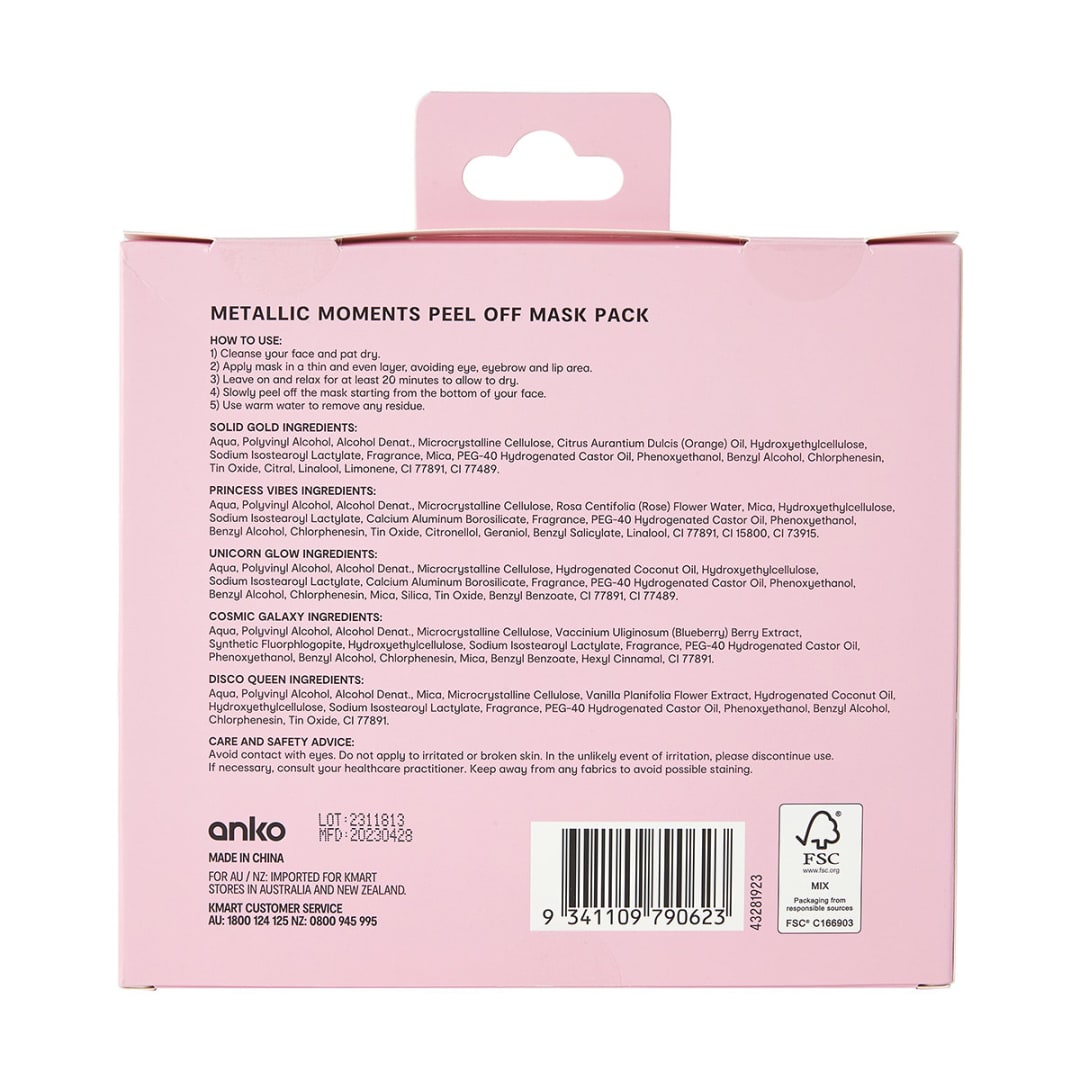 5 Pack Metallic Moments Peel Off Face Masks Kmart