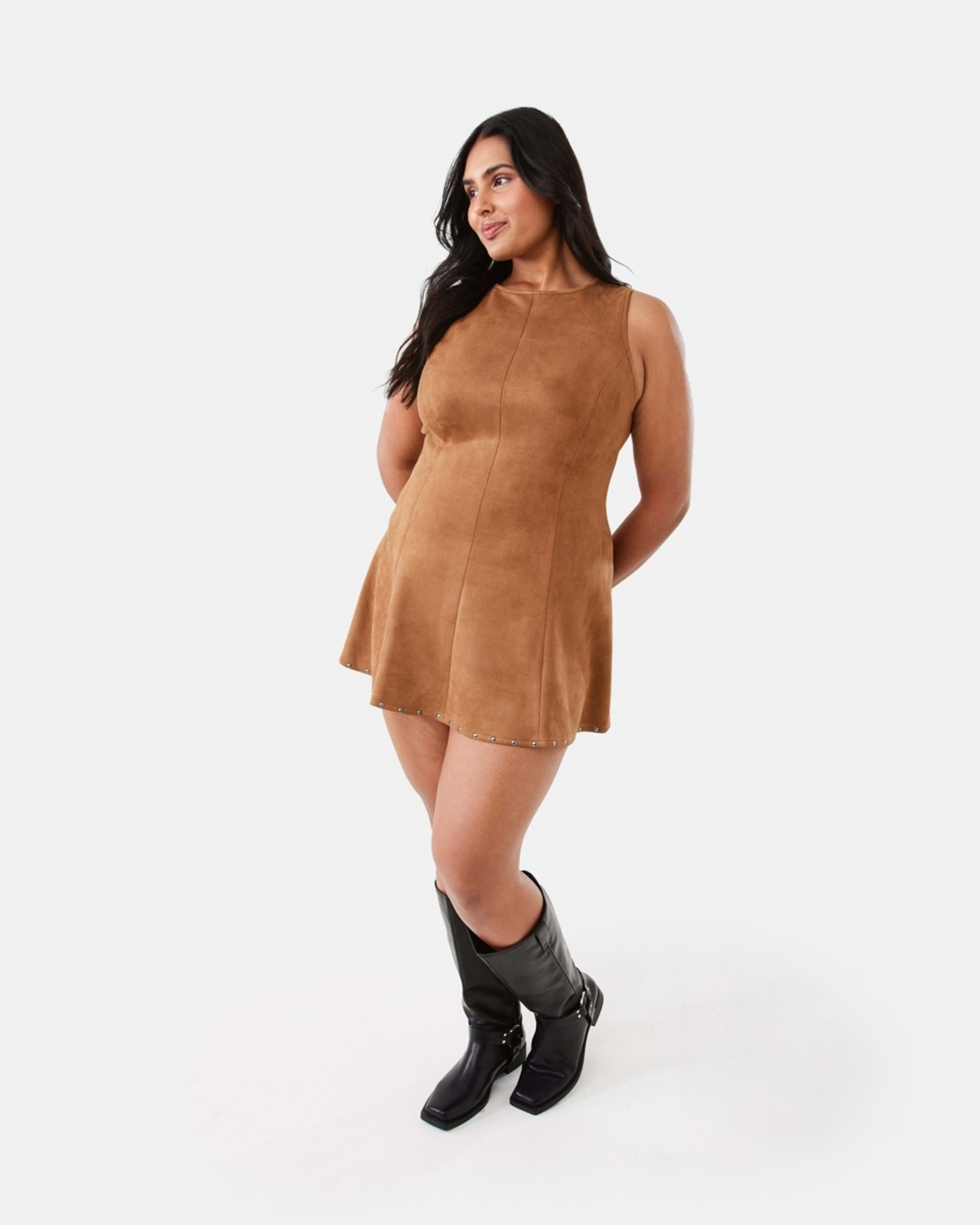 4 Suedette Mini Dress DEEP CAMEL, 4 of 10