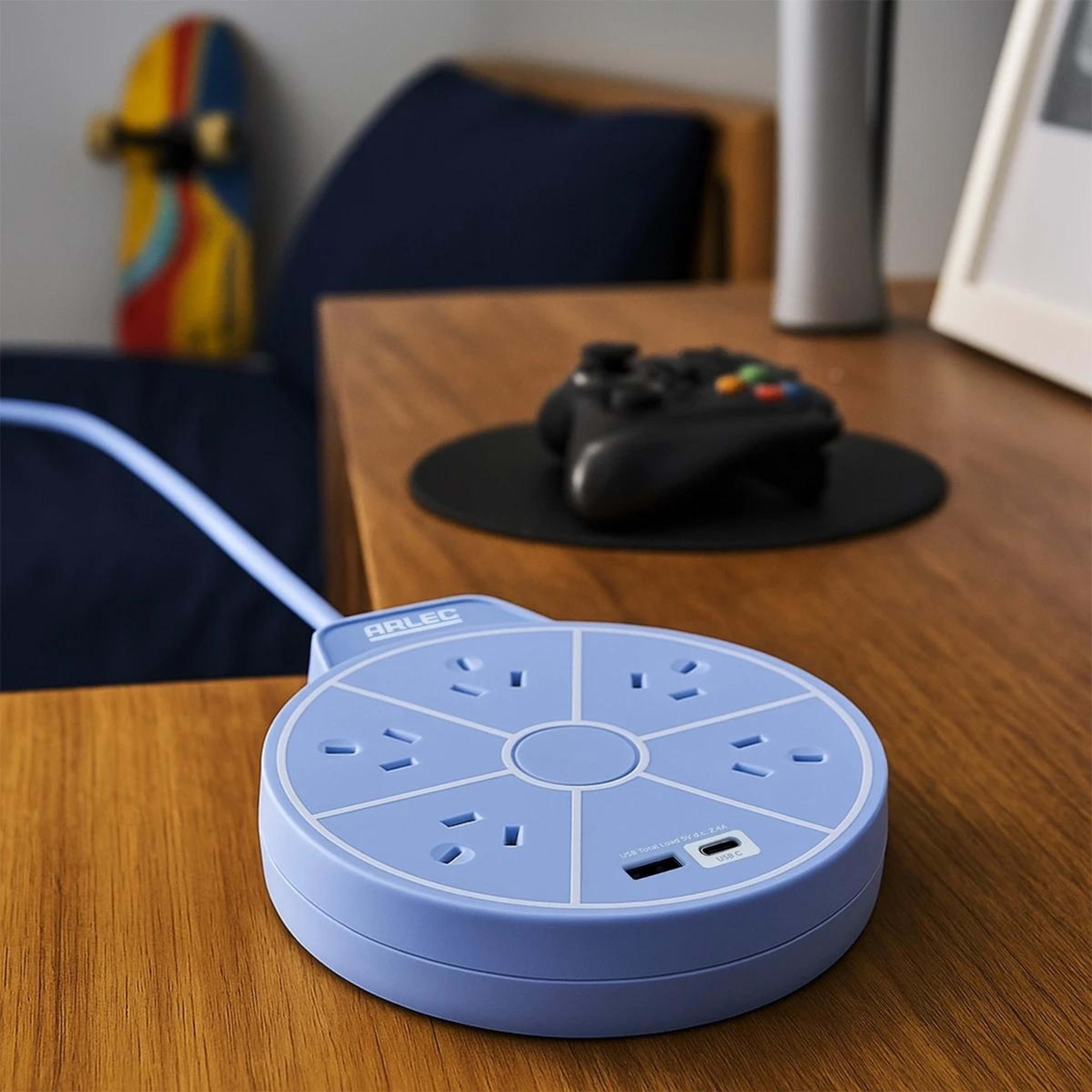 1 Arlec 5 Outlet USB A & C Charging Ports Round Powerboard - Blue