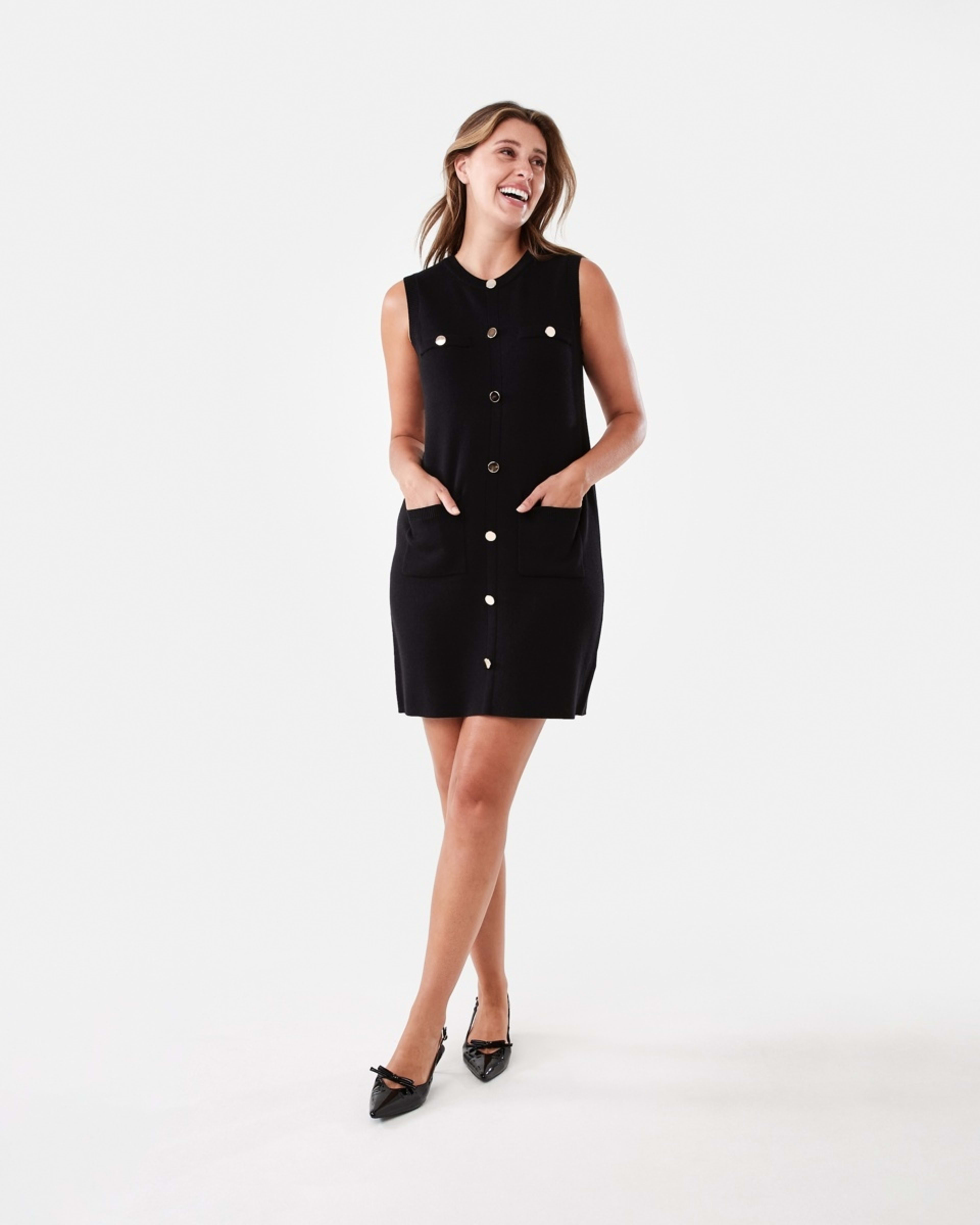 1 Sleeveless Button Knit Mini Dress Black, 1 of 8