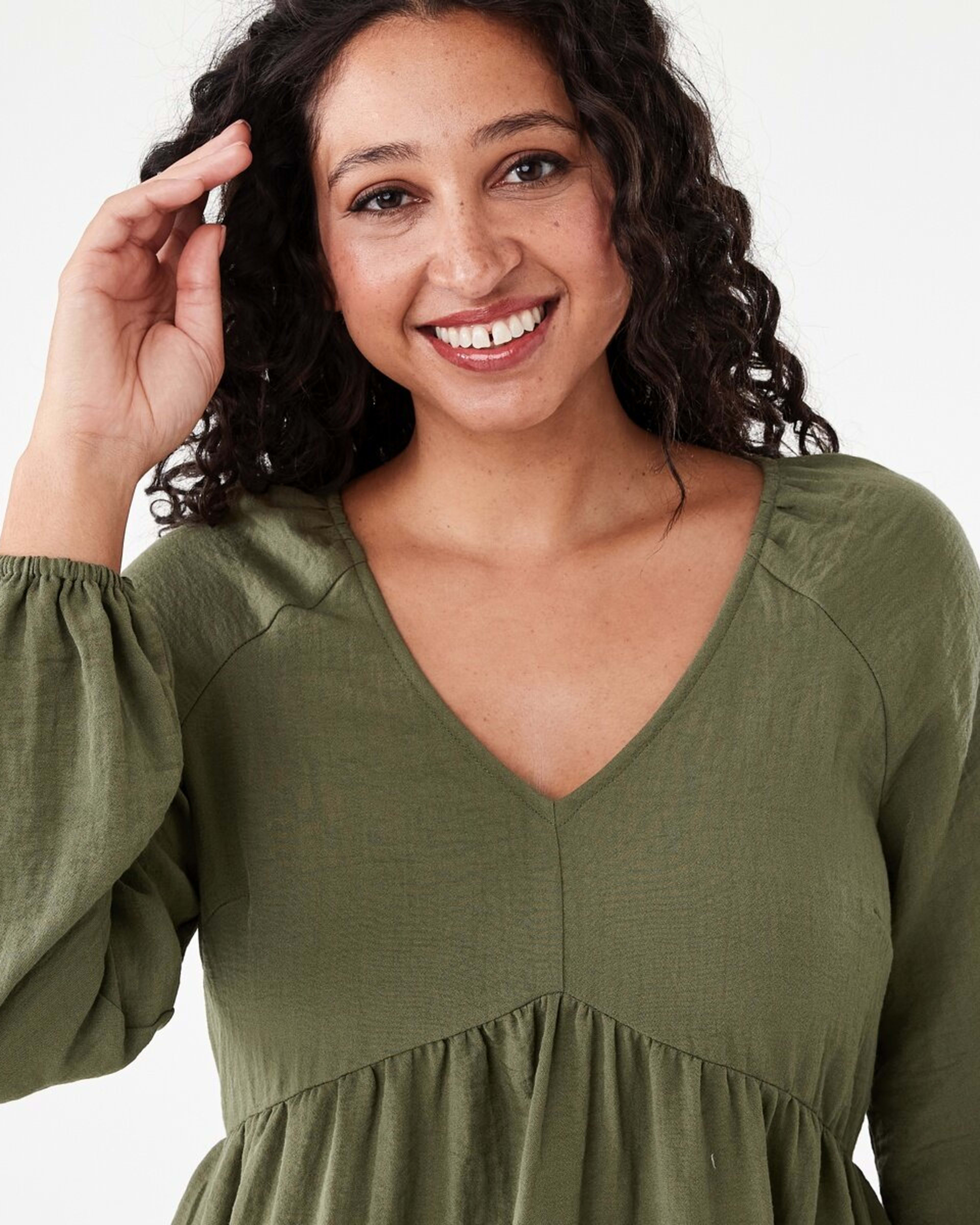 4 Long Sleeve Textured Smock Mini Dress Deep Olive, 4 of 7
