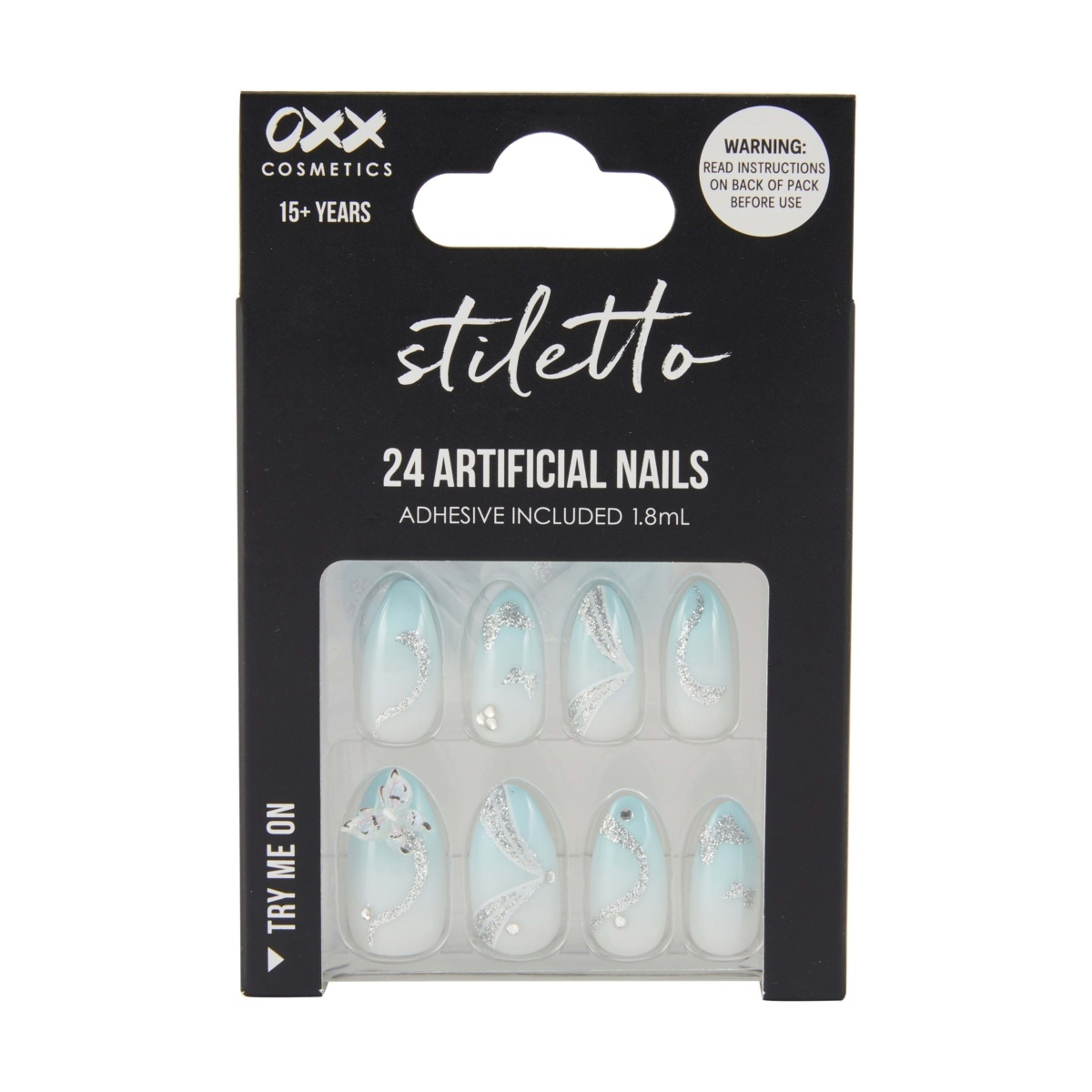 1 OXX Cosmetics 24 Pack Artificial Nails with Adhesive - Stiletto Shape, Butterfly Dusk