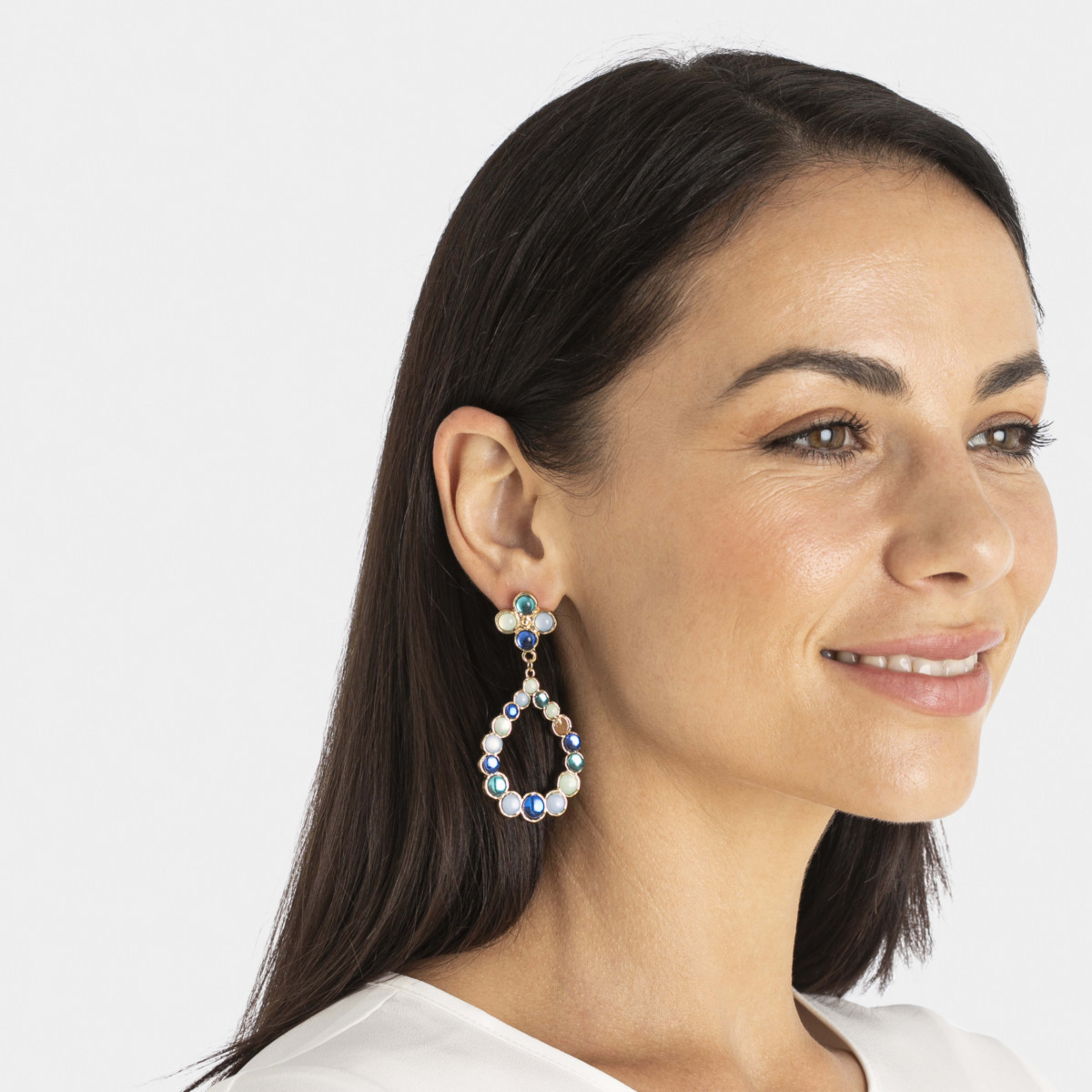 3 Flower Tear Drop Earrings - Gold Tone and Pale Blue, 3 of 5