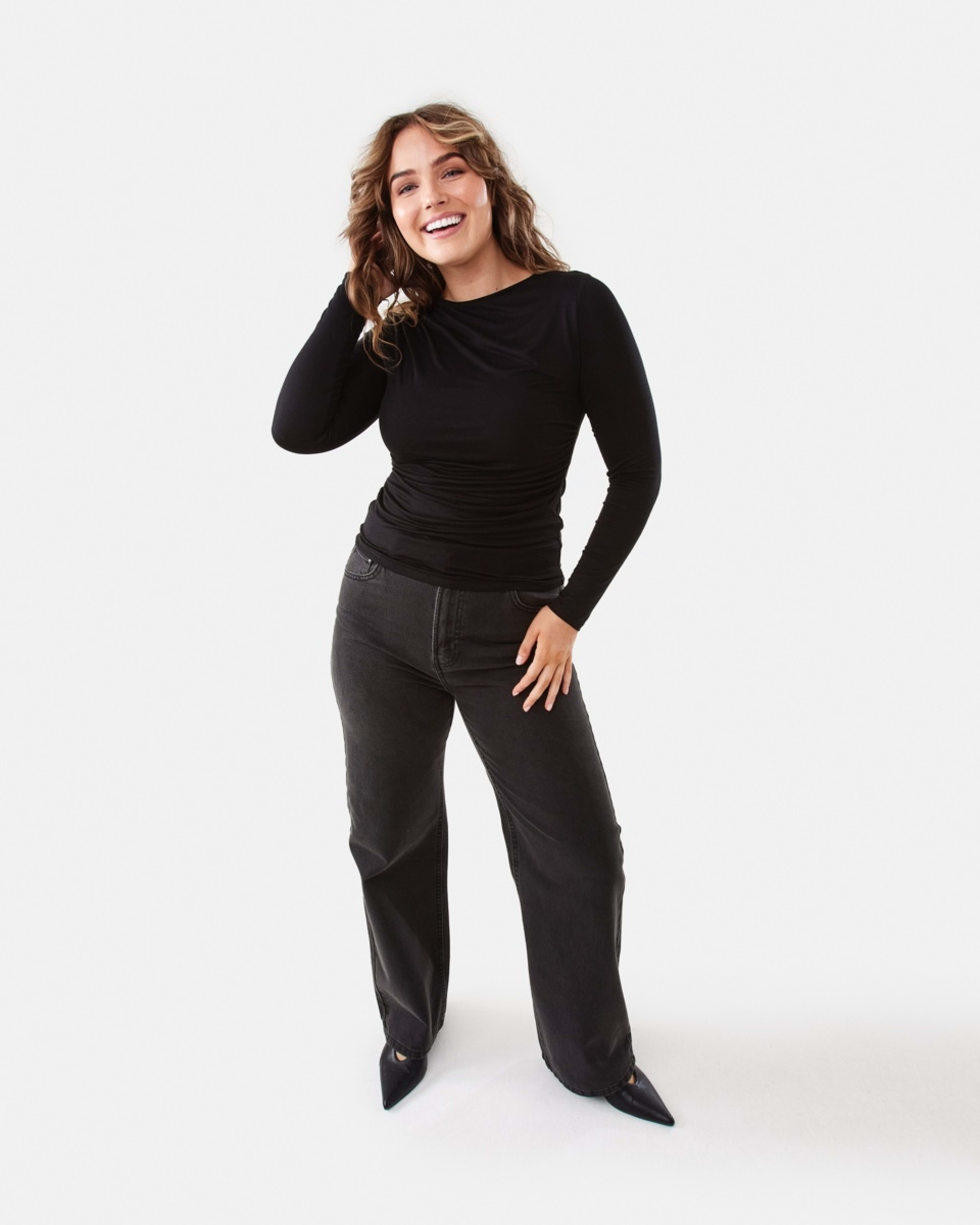 2 Long Sleeve Ruched Shoulder Top Black, 2 of 7