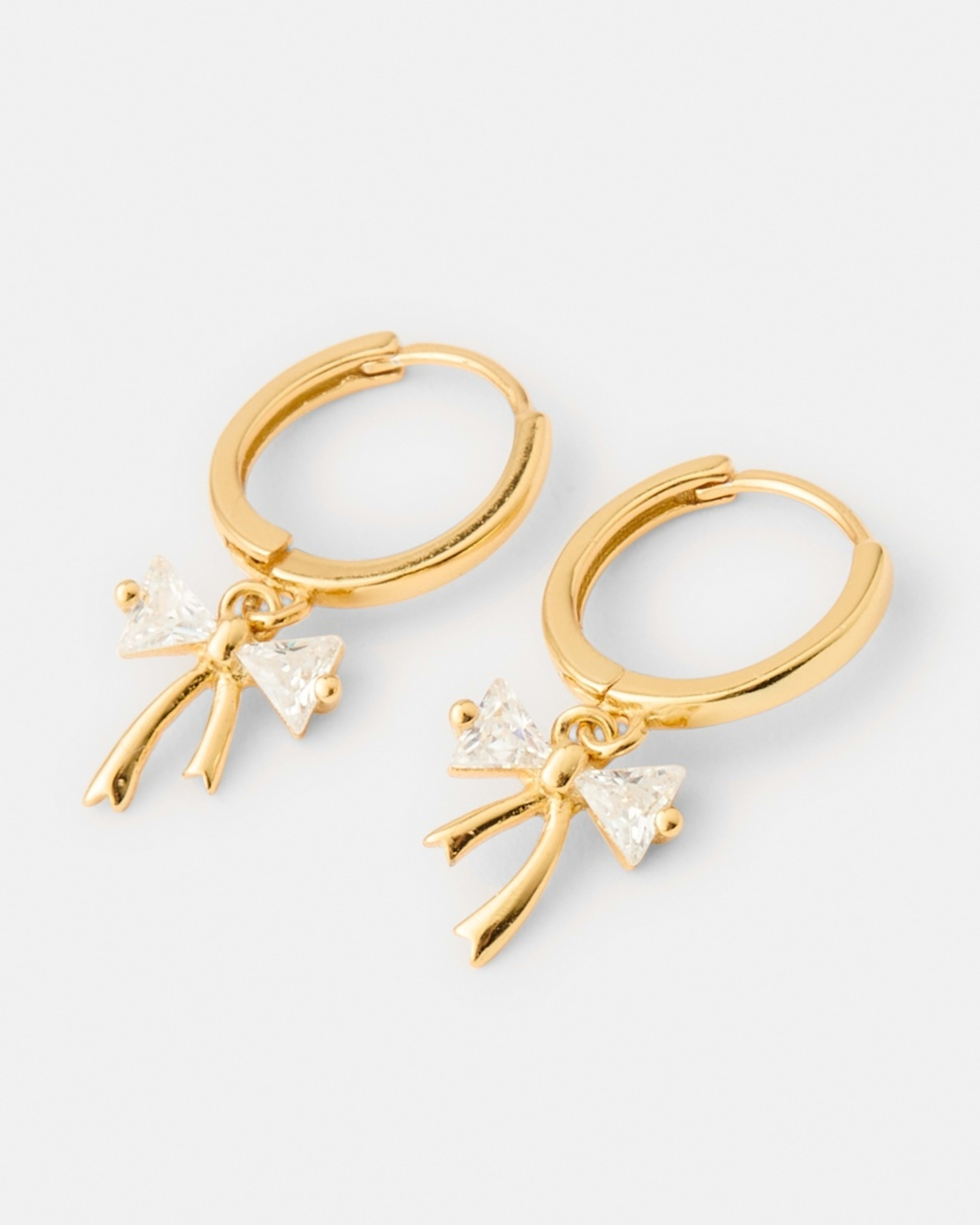 2 Cubic Zirconia Gold Plated Sterling Silver 925 Bow Hoop Earrings Gold, 2 of 5