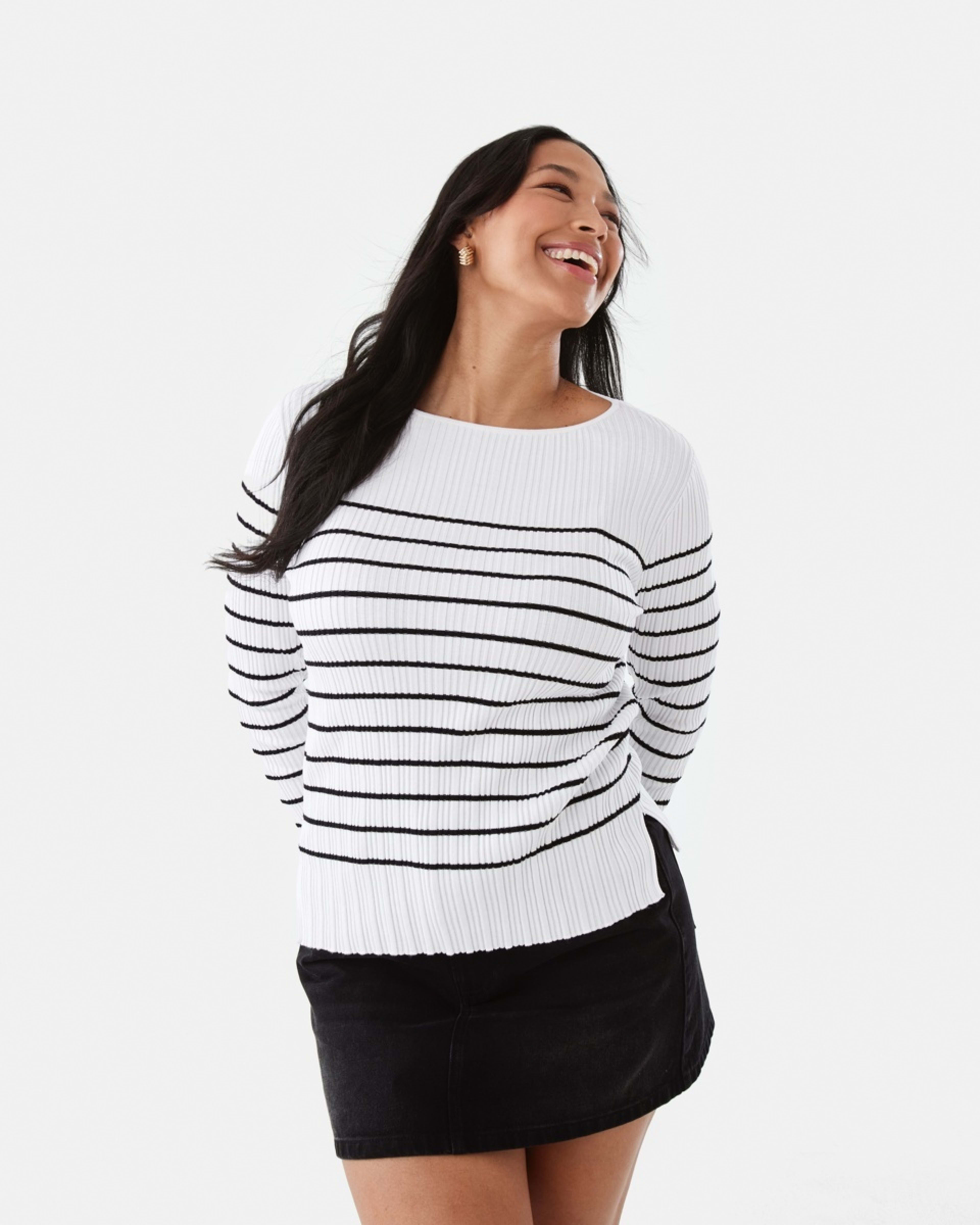 1 Long Sleeve Rib Boat Neck Top BLACK STRIPE