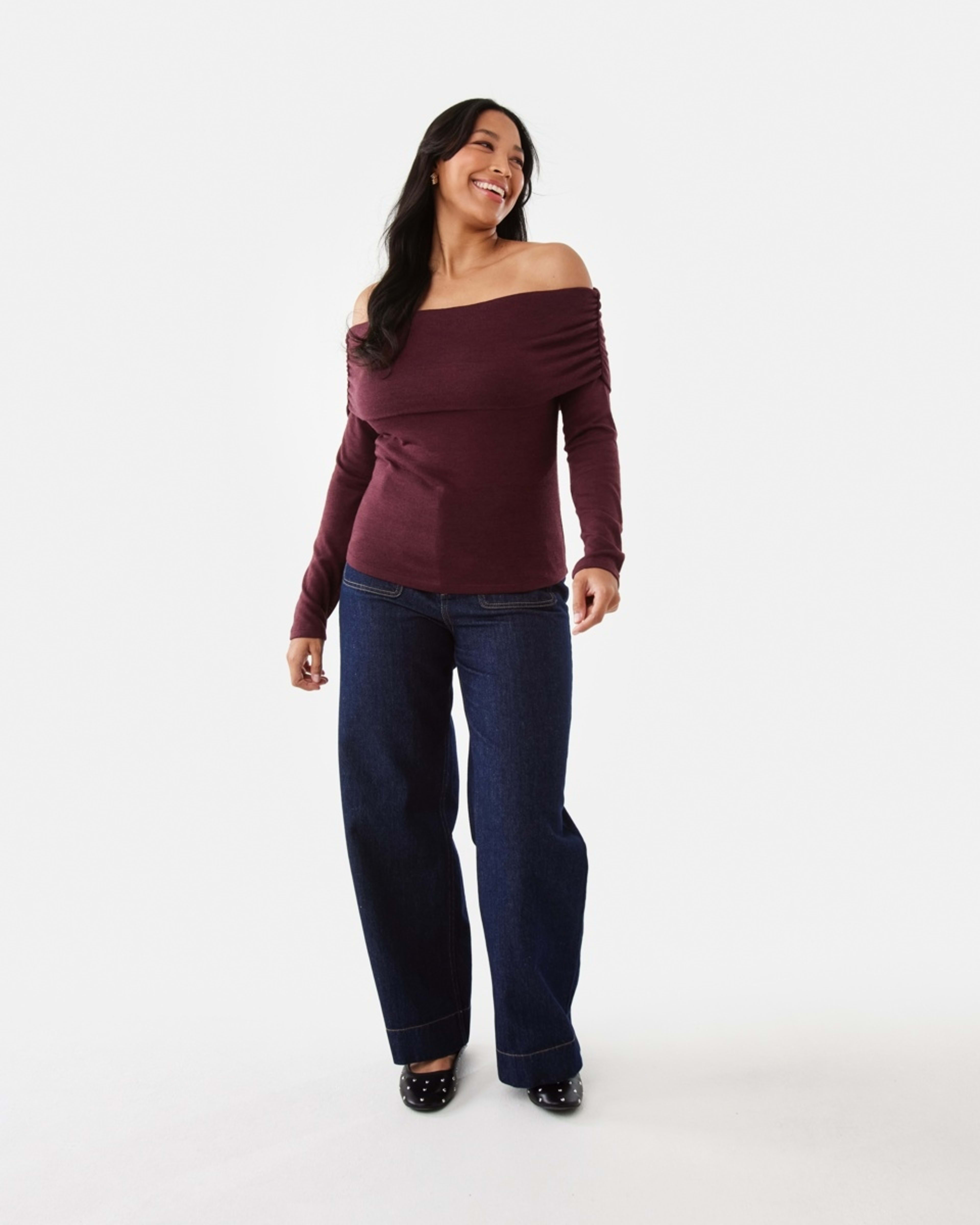 2 Long Sleeve Off Shoulder Top Burgundy, 2 of 7