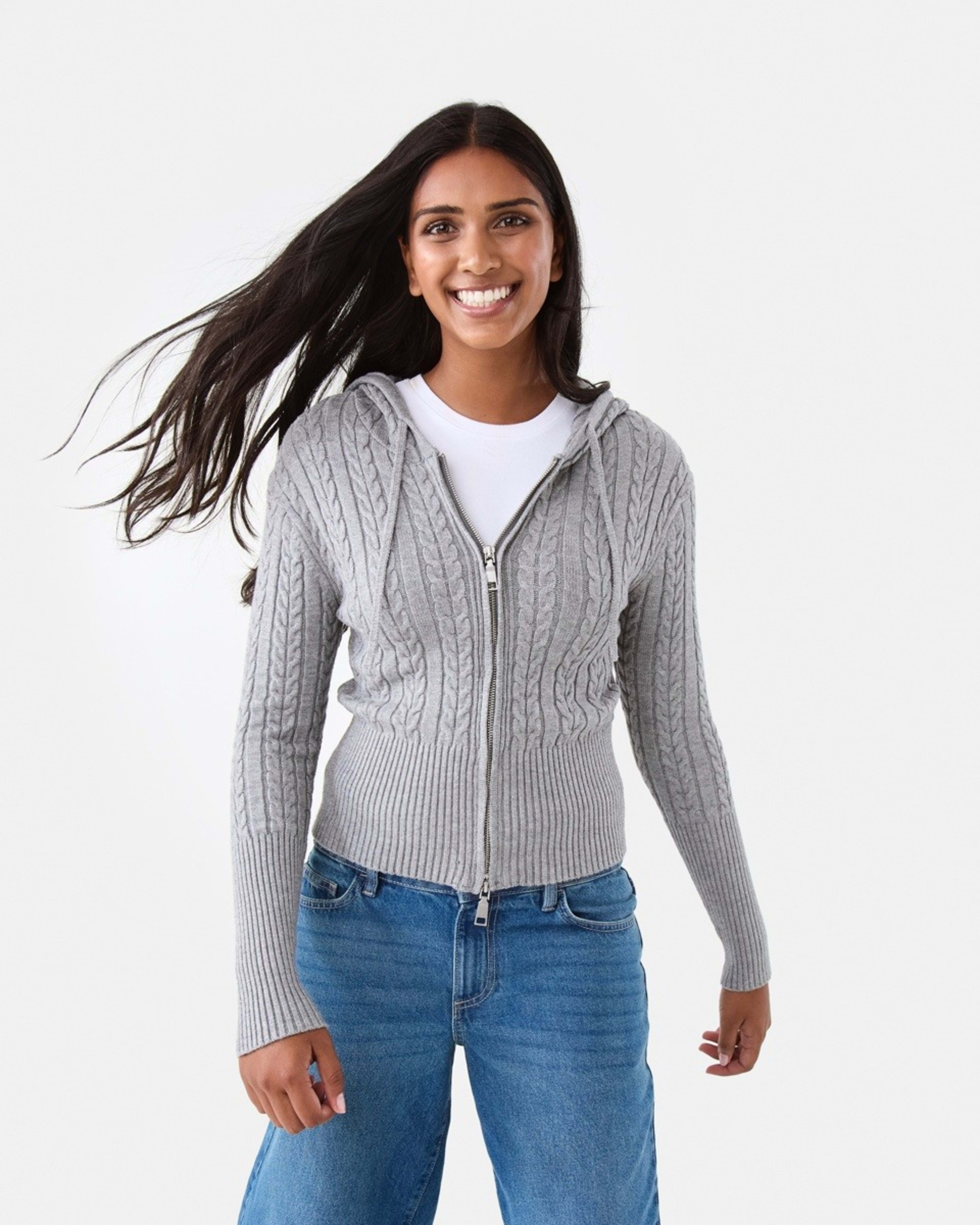 2 Zip Through Cable Cardigan Grey Marle, 2 of 8