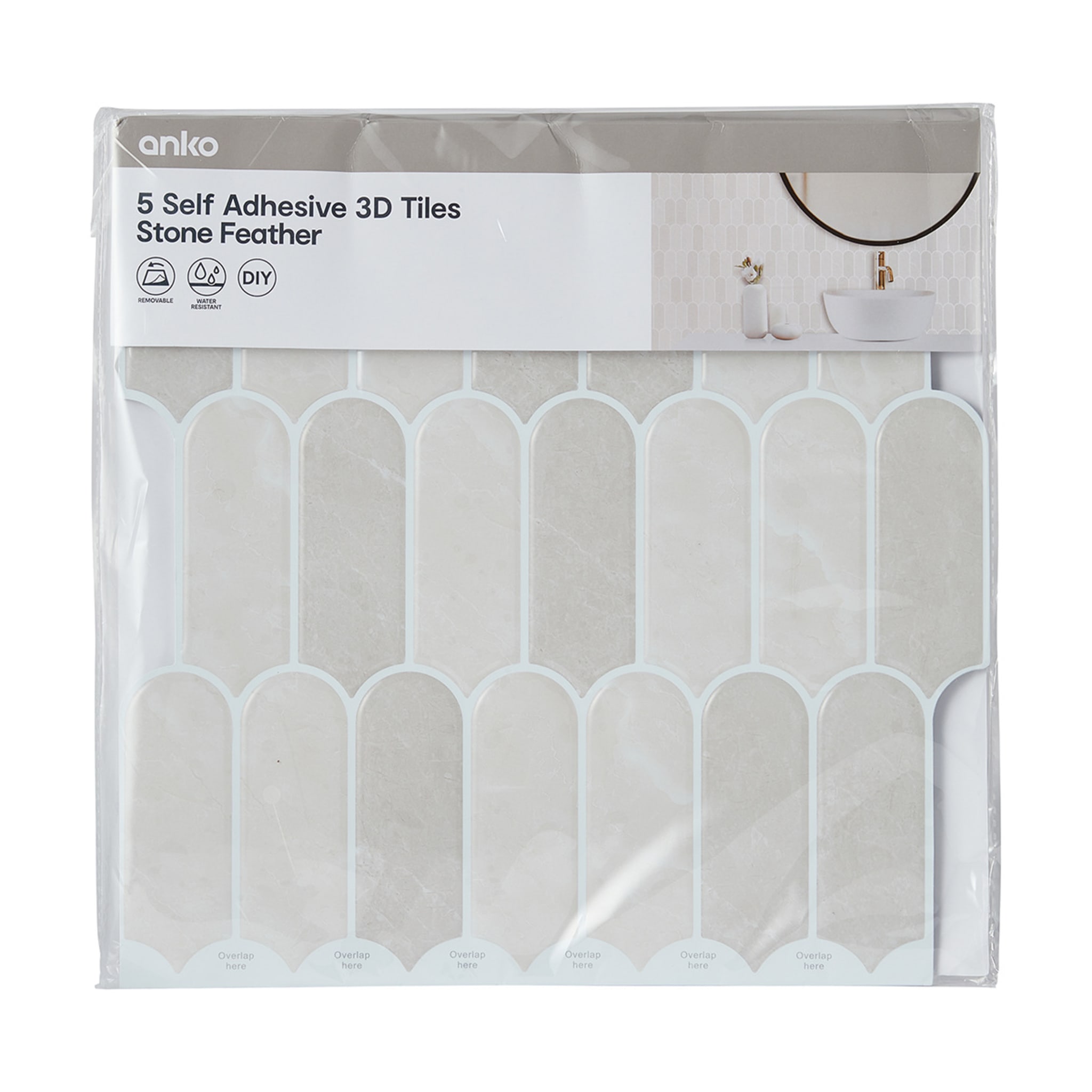 5 Pack Self Adhesive 3D Tiles Stone Feather Kmart